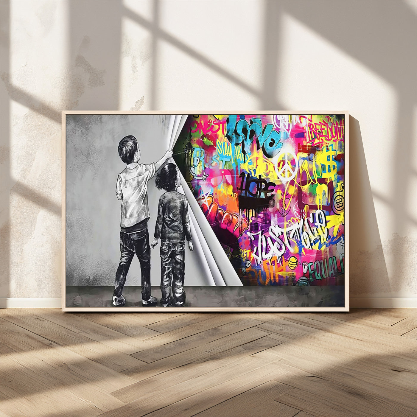 92809-MGV-CV-36X24-Banksy Print - Street Art Canvas Wall Art - Kids Revealing Graffiti, Urban Modern Decor for Living