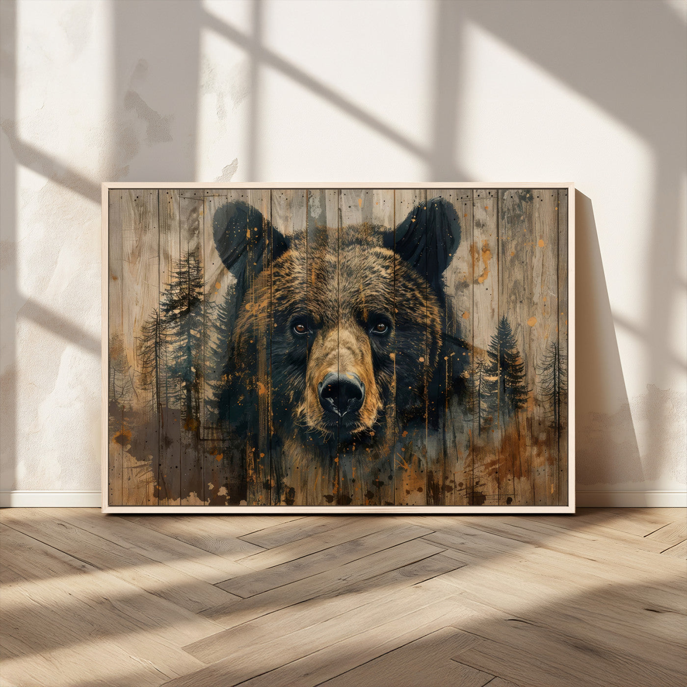 51373-MGV-CV-36X24-Abstract 399 Bear Wall Art | Rustic Cabin Wall Decor with Forest Design | Framed and Ready to Hang |
