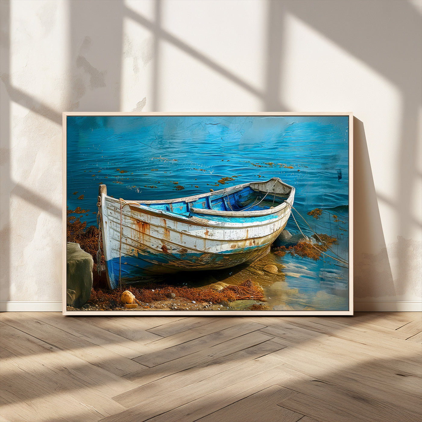 54716-MGV-CV-36X24-Vintage Boat on Tranquil Waters | Coastal Wall Art for Nautical Decor | Rustic Triptych Canvas Print