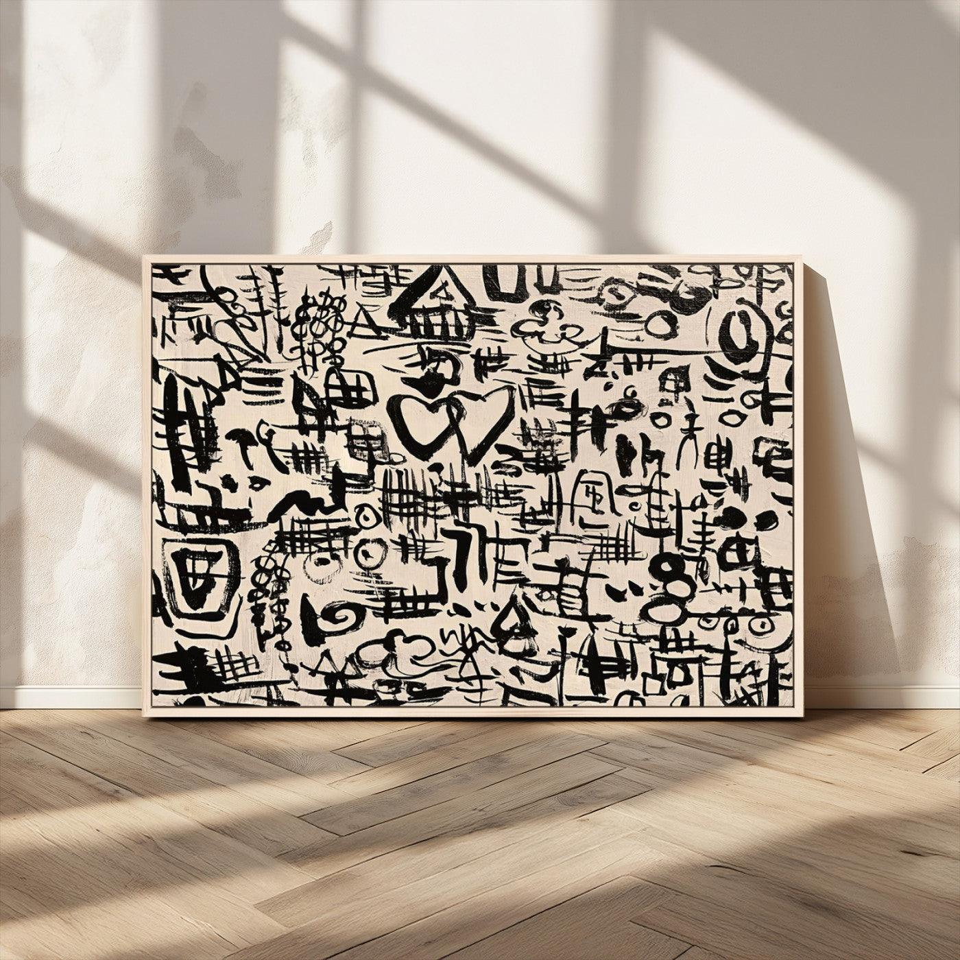 68273-MGV-FC-36X24 - Abstract Love and Chaos Canvas Print, Black Symbols on Beige
