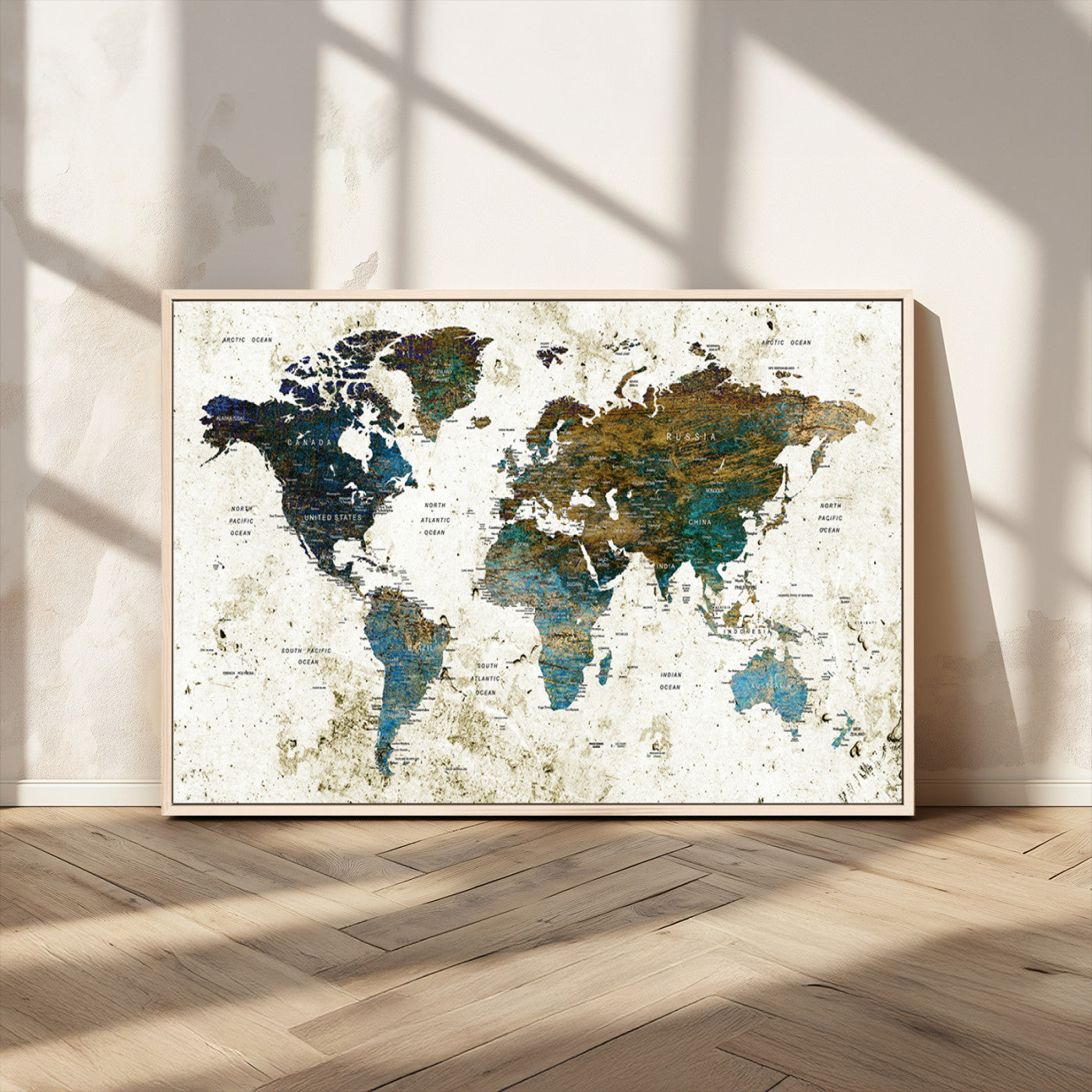89176-MGV-FC-36X24_Natural-Vintage Blue and Brown World Map Canvas Wall Art – Framed Rustic Map Print, Earth Tone Travel Decor for Stylish Home and Office Walls