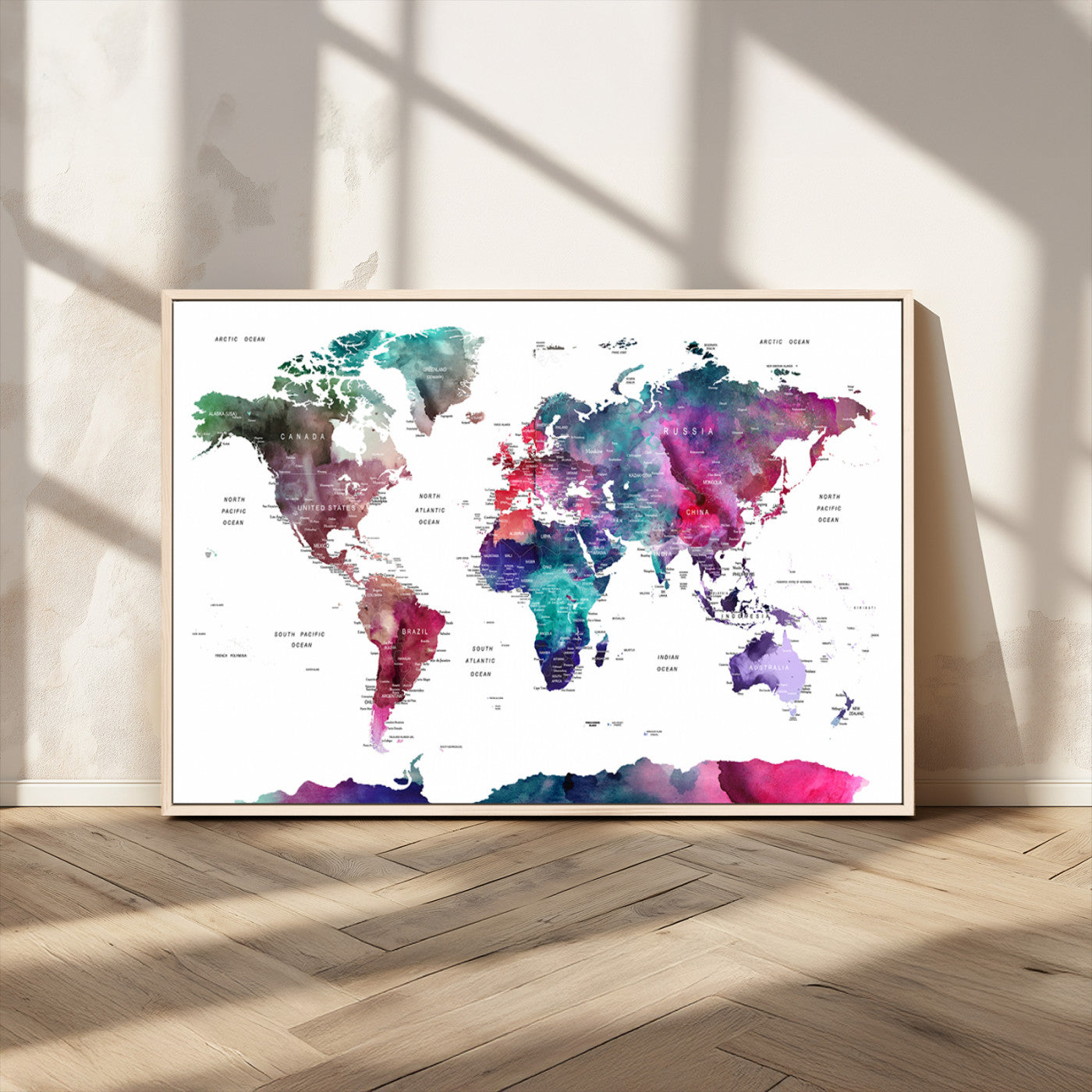78176-MGV-CV-36X24-Colorful Watercolor World Map Canvas Wall Art – Framed Modern Map Print, Vibrant Travel Inspired Artwork for Home and Office Decor