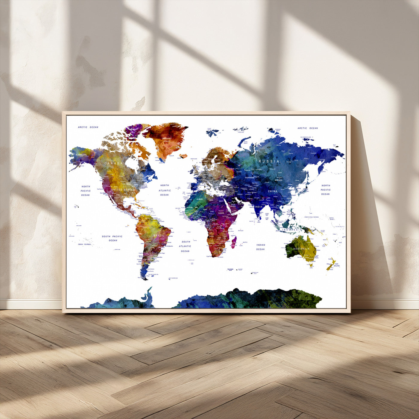 90446-MGV-CV-36X24-Colorful Watercolor World Map Canvas Wall Art – Framed Modern Push Pin Travel Map for Home and Office Decor