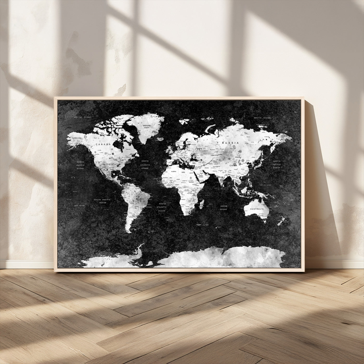 90682-MGV-CV-36X24-Black and White World Map Canvas Print – Framed Push Pin Wall Art for Couples, Modern Minimalist Travel Map for Elegant Home and Office Decor