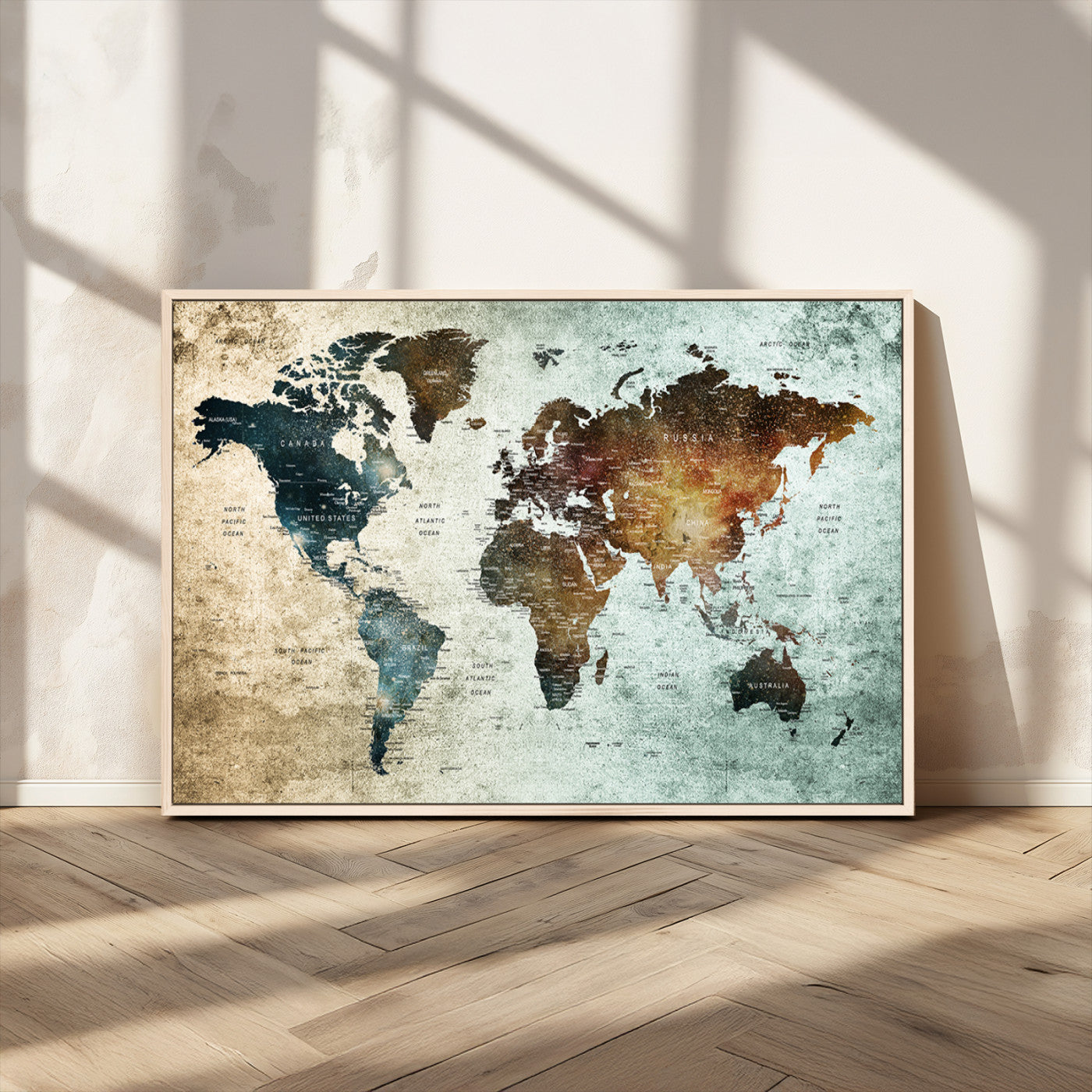 25140-MGV-CV-36X24-World Map Canvas Print – Framed Vintage Style Push Pin Wall Art, Elegant Travel Map Decor for Home or Office