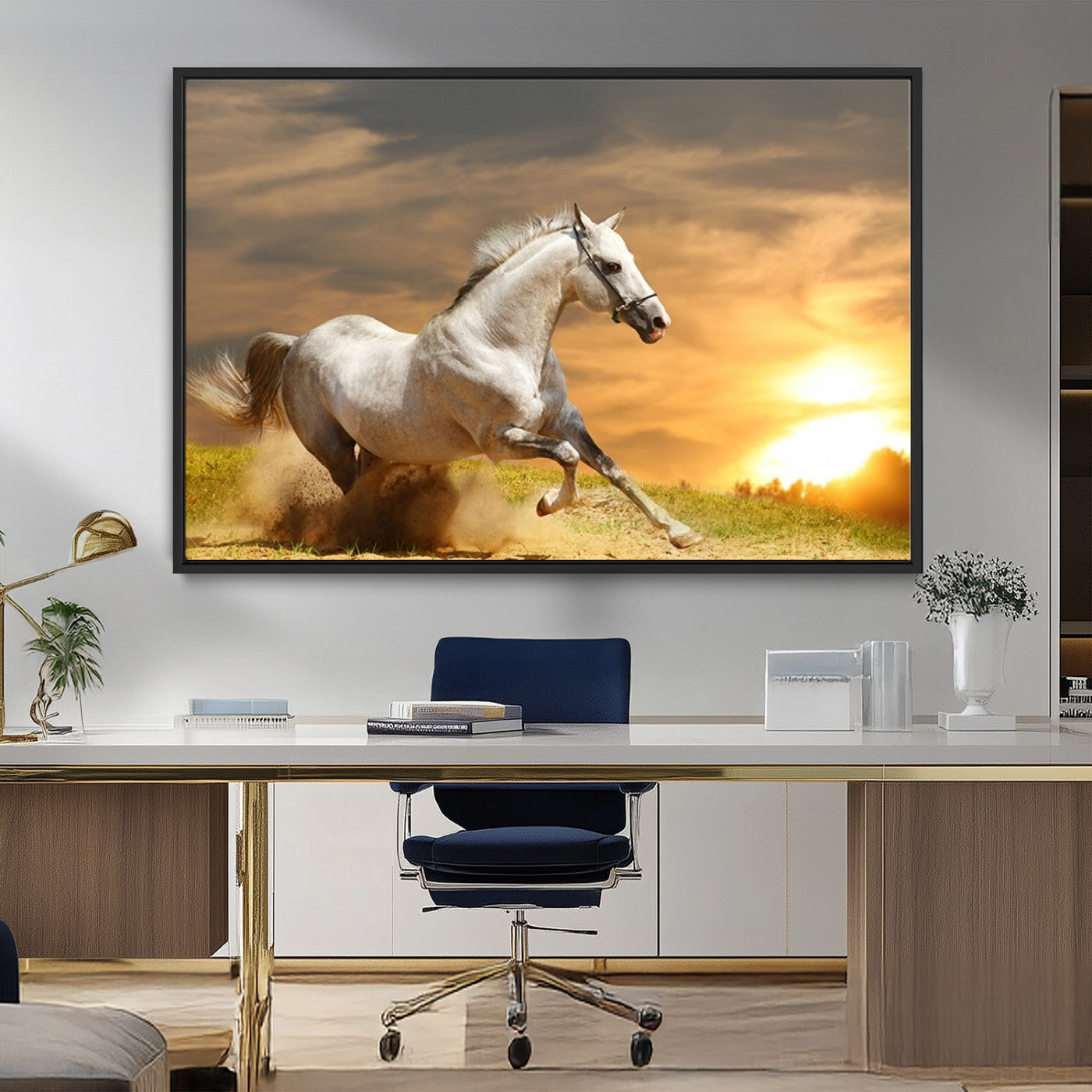 27413-MGV-FC-36X24_Black-Large Wall Art Galloping White Horse at Sunset Canvas Print