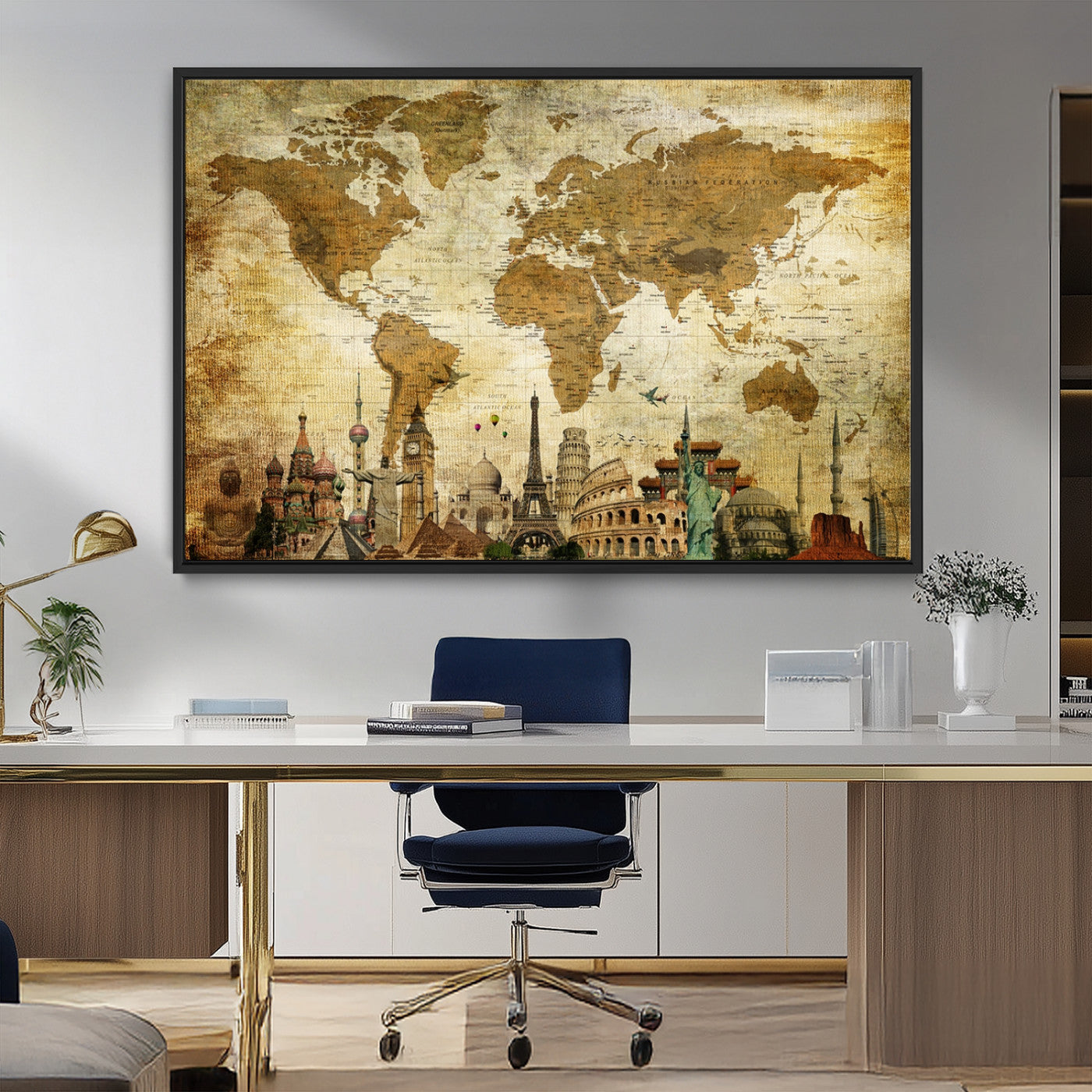 97849-MGV-CV-36X24-Vintage World Map Canvas Wall Art – Framed Push Pin Travel Map with Famous Landmarks, Rustic Home and Office Decor Artwork for Travelers