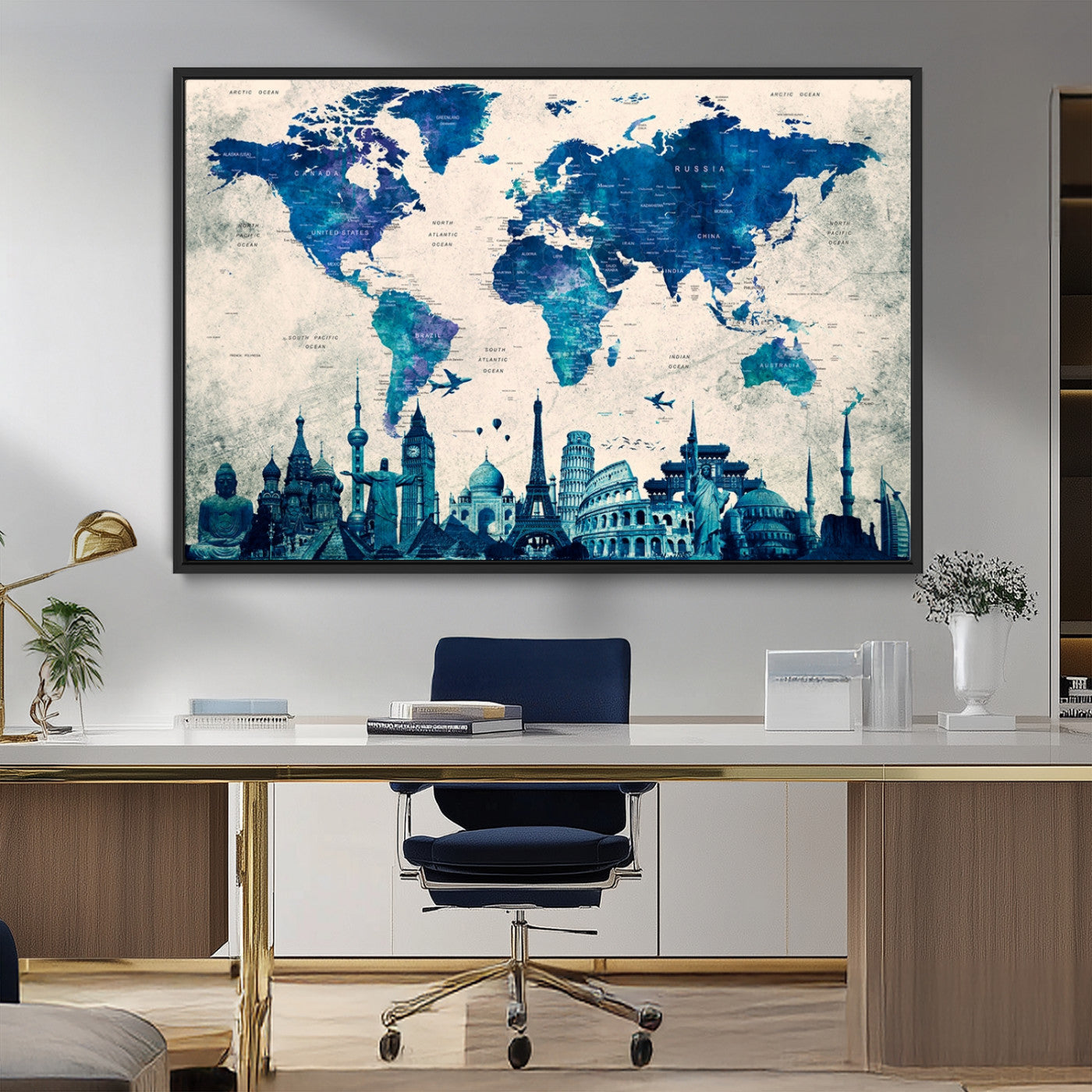 13588-MGV-CV-36X24-Navy Blue World Map Canvas Print – Framed Push Pin Travel Map Wall Art, Elegant Adventure Decor for Home or Office