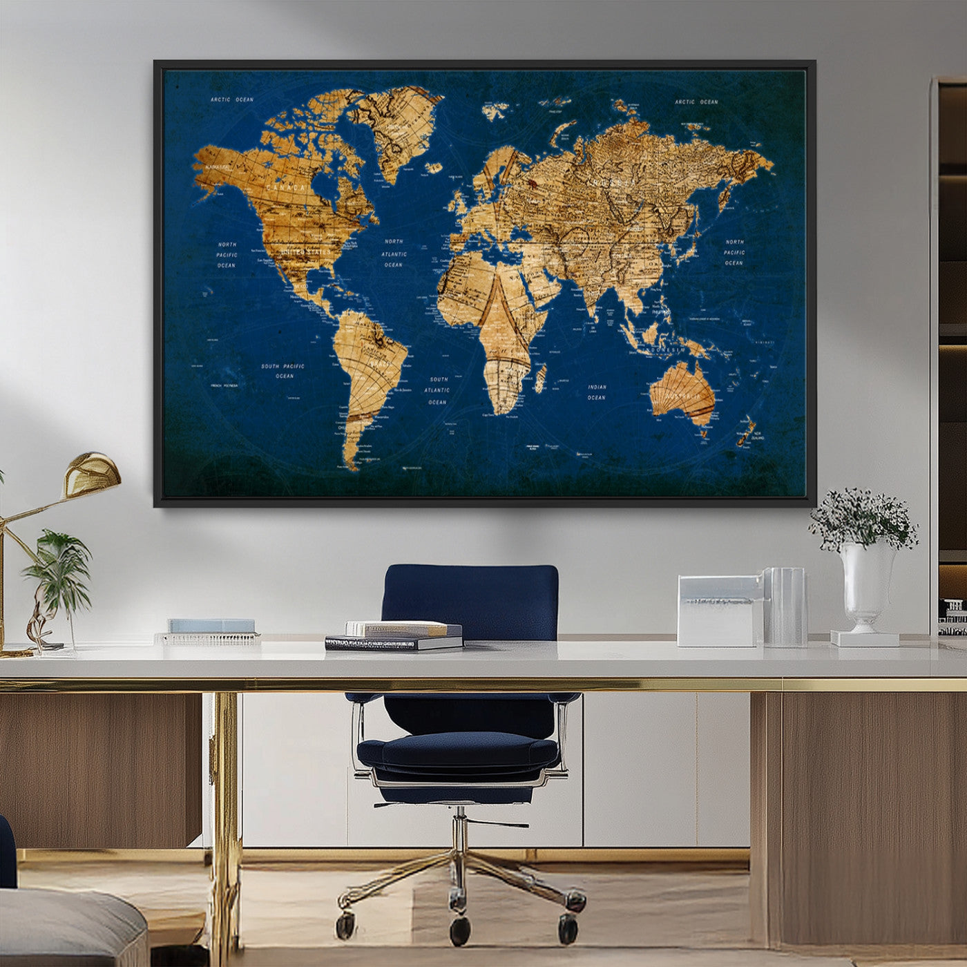 50845-MGV-FC-36X24_Black-Navy Blue and Gold World Map Canvas Print – Framed Luxury Push Pin Wall Art, Elegant Vintage Travel Map Decor for Home or Office