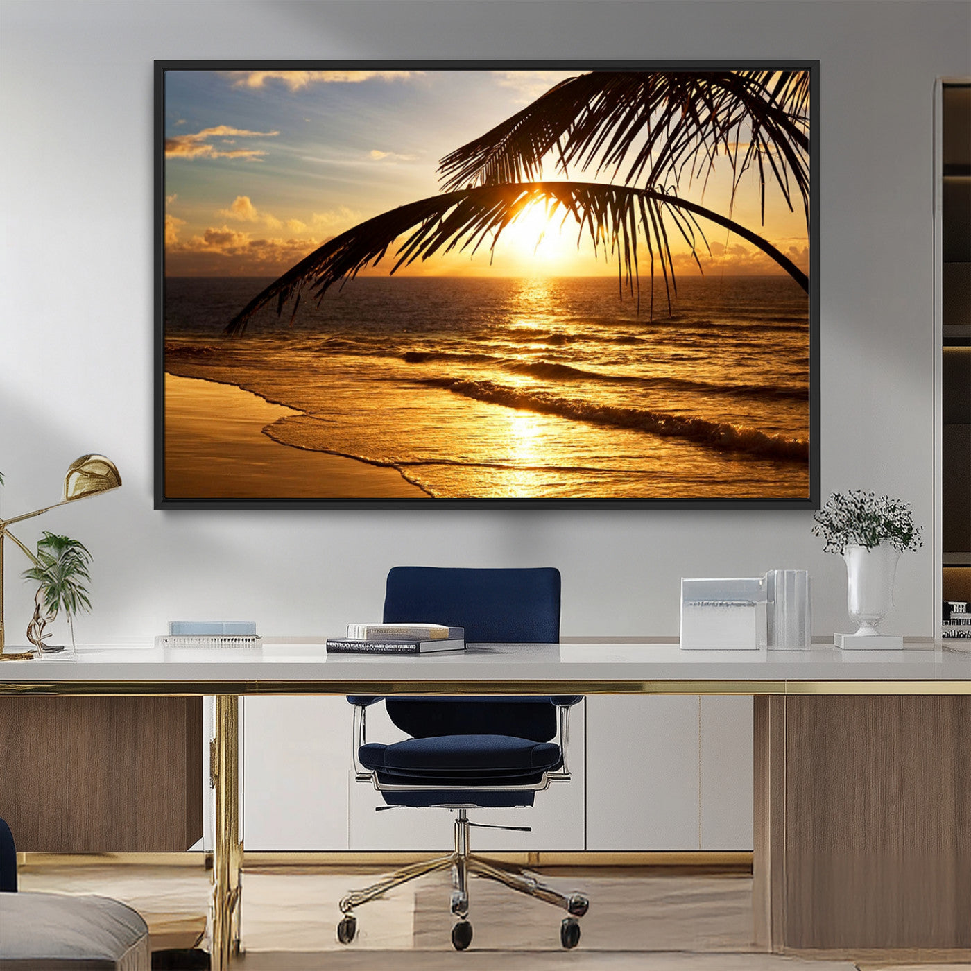 41507-MGV-FC-36X24_Black-Golden Tropical Beach Sunset Canvas Triptych, Coastal Palm Tree Wall Art, Ocean Shoreline Giclee