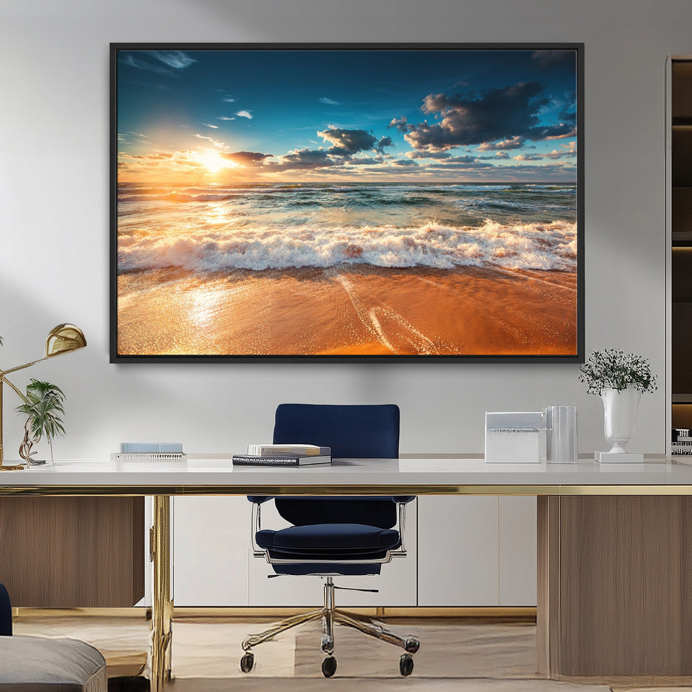 -Golden Sunset Beach Triptych Canvas Art, Giclee Coastal Wall Decor, Ocean Waves Print, Modern Beach