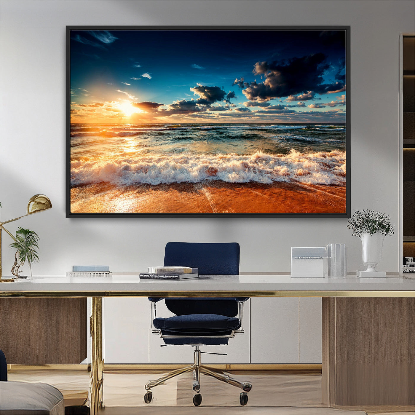 -Golden Hour Sunset Over Ocean Waves Wall Art Canvas Print | 3 Panel Coastal Landscape Canvas Wall