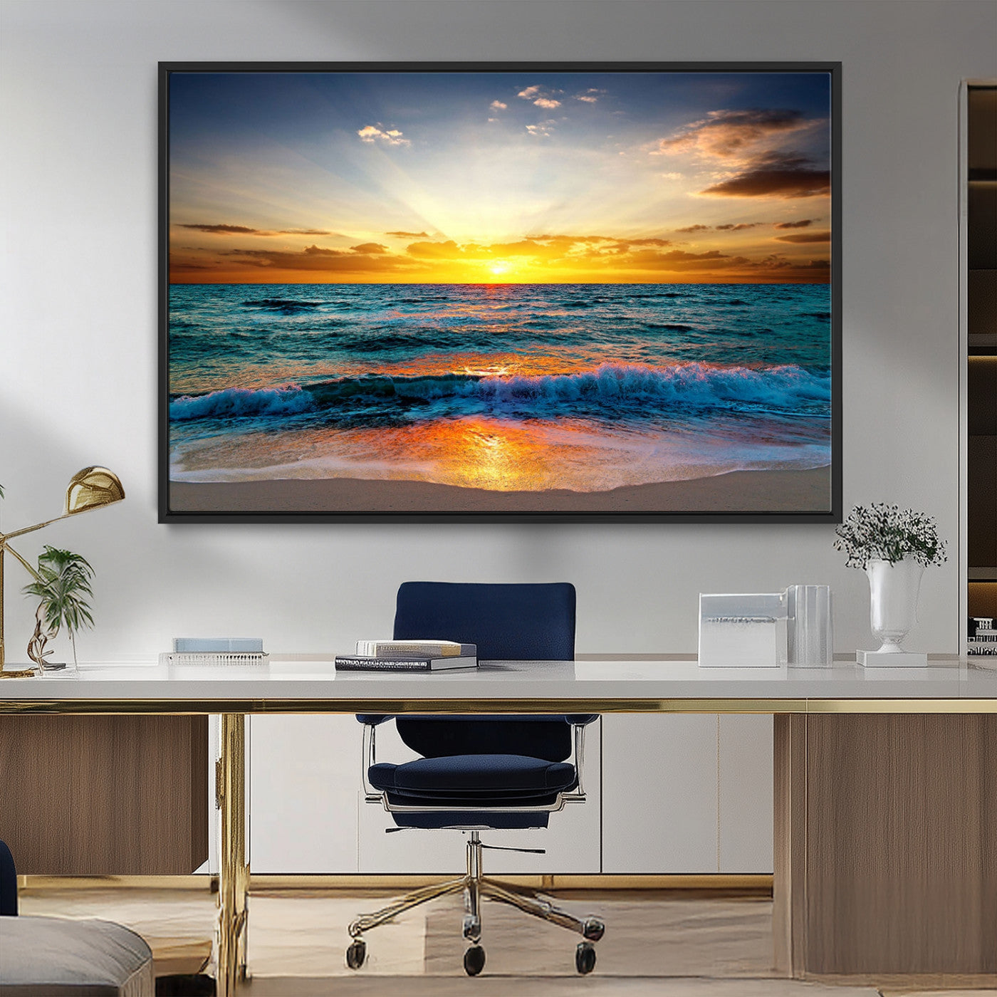 50627-MGV-FC-36X24_Black-Vibrant Ocean Sunrise Over Golden Beach Waves, Giclee Canvas Wall Art Set, High-Quality Stretched