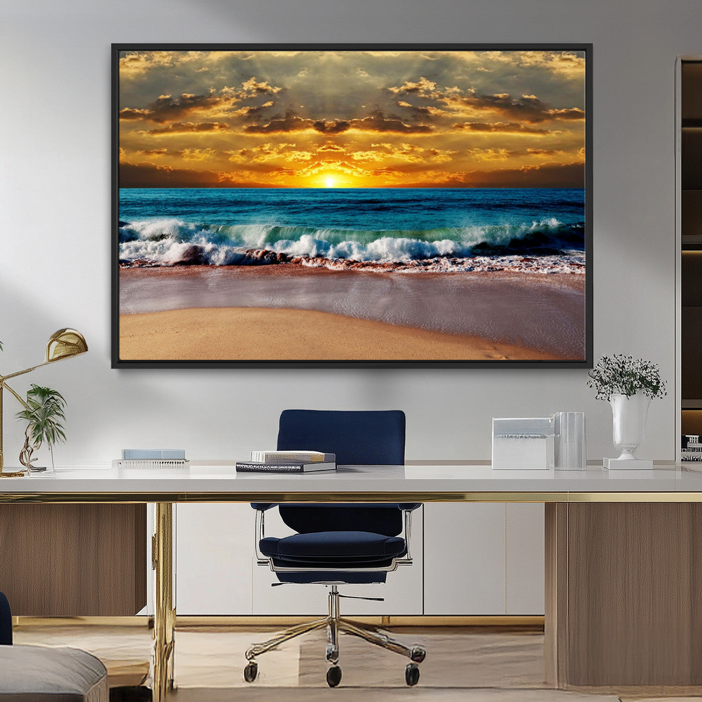 83389-MGV-CV-36X24-Ocean Sunrise Over Golden Beach Waves, Giclee Canvas Wall Art Set, High-Quality Stretched Canvas
