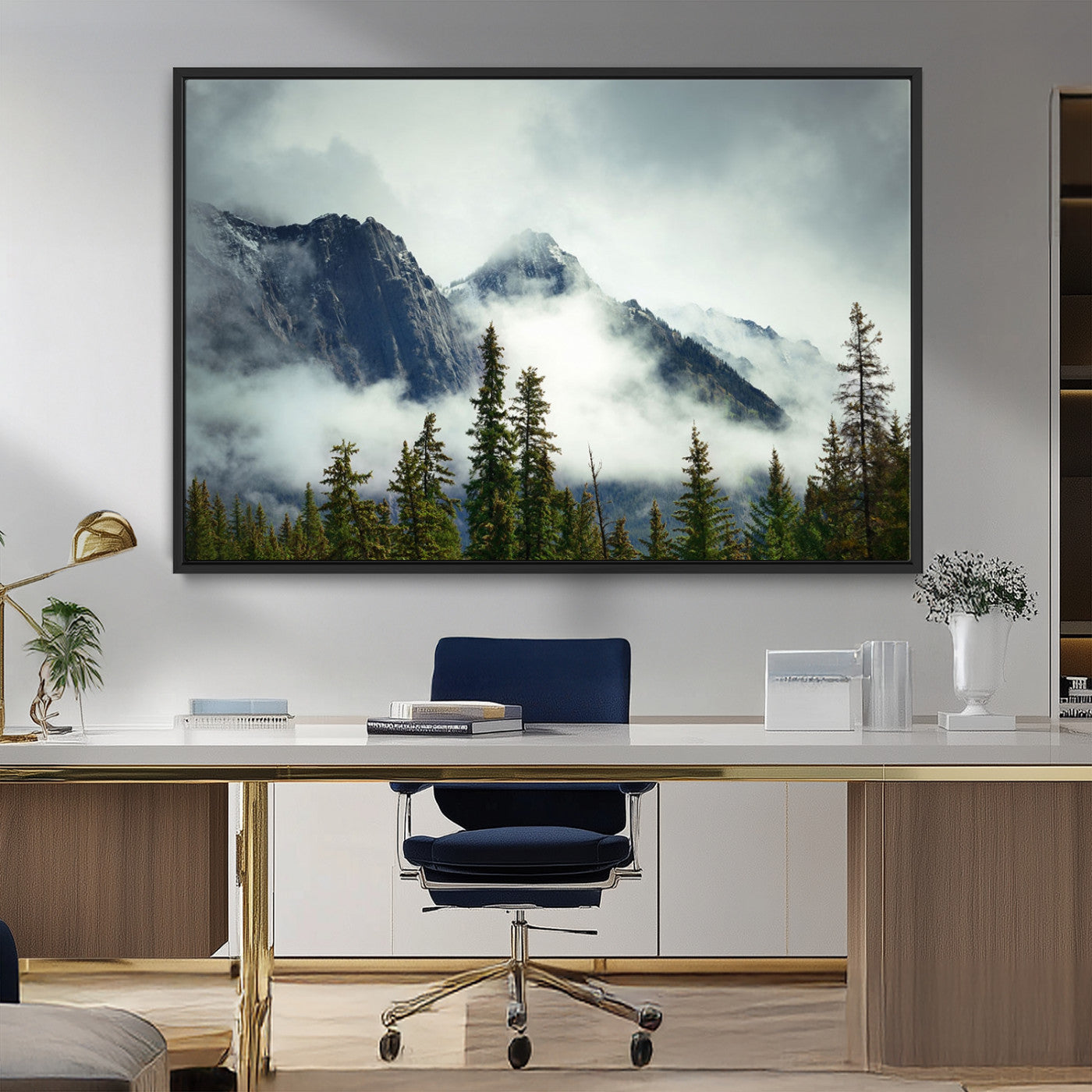 93219-MGV-FC-36X24_Black-Mountain Mist Canvas Wall Art Print | 3-Panel Foggy Forest and Mountain Landscape | Large Giclee