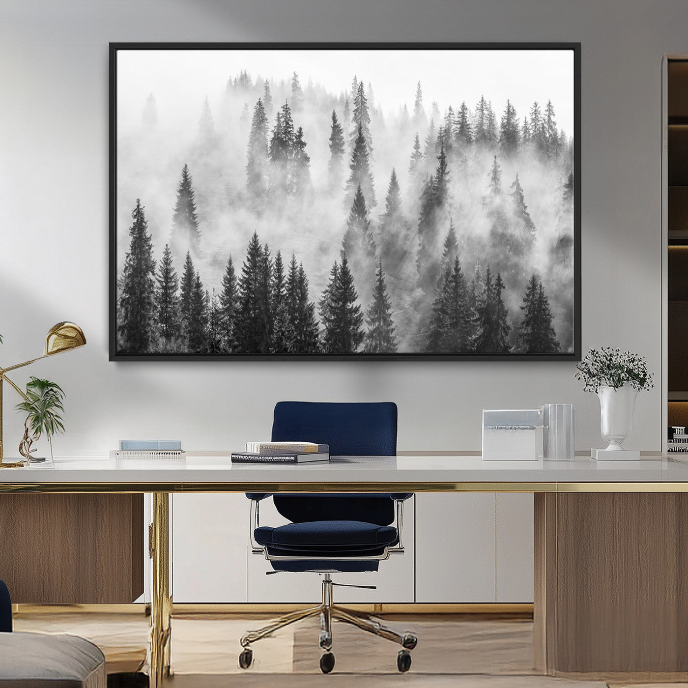 -Forest Wall Art Print | Foggy Pine Forest Canvas Wall Art - Black and White Nature Decor for Living Room, Office