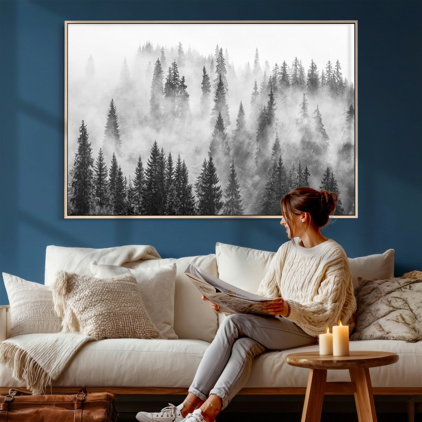 10422-MGV-CV-36X24 - Forest Wall Art Print | Foggy Pine Forest Canvas Wall Art - Black and White Nature Decor for Living