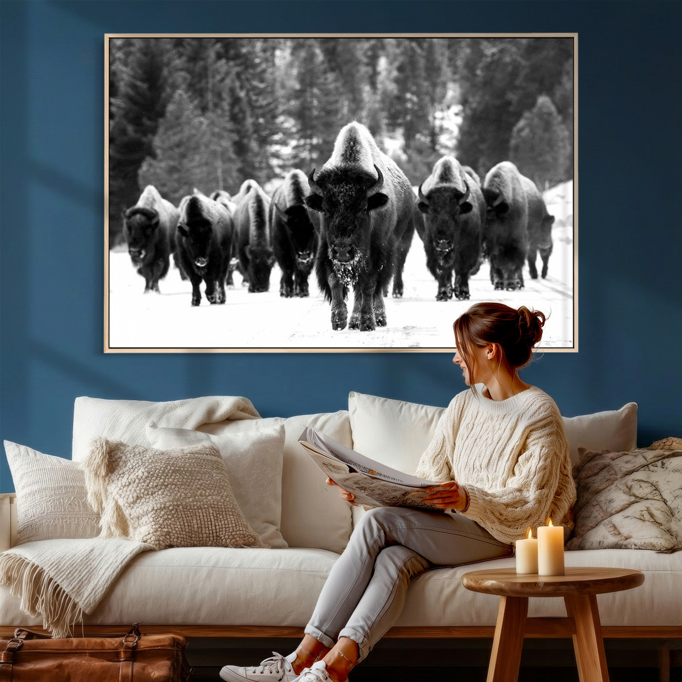 62434-MGV-CV-36X24 - Bison Herd in Snow Wall Art Canvas Print | Rustic Western Bison Wall Art for Decor for Living Room