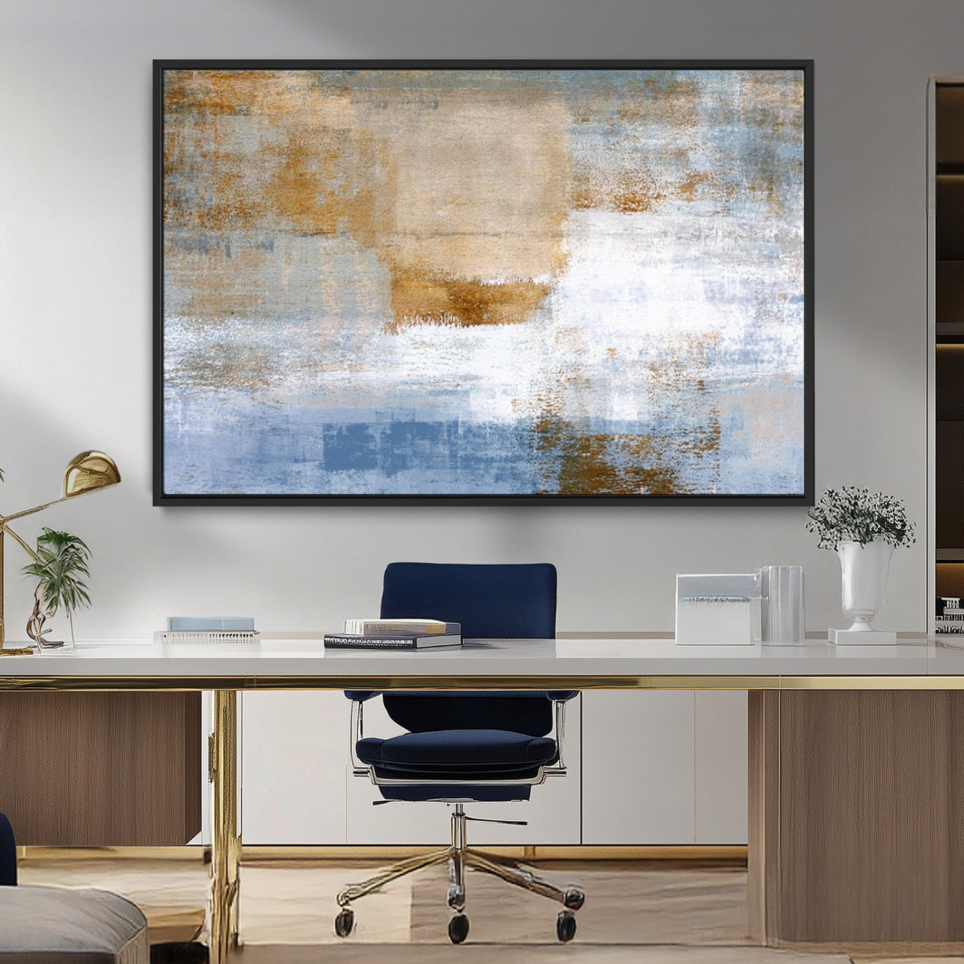 72354-MGV-FC-36X24_Black-Blue Multi Panel Abstract Wall Art Canvas, Abstract Blue and Gold Canvas Print