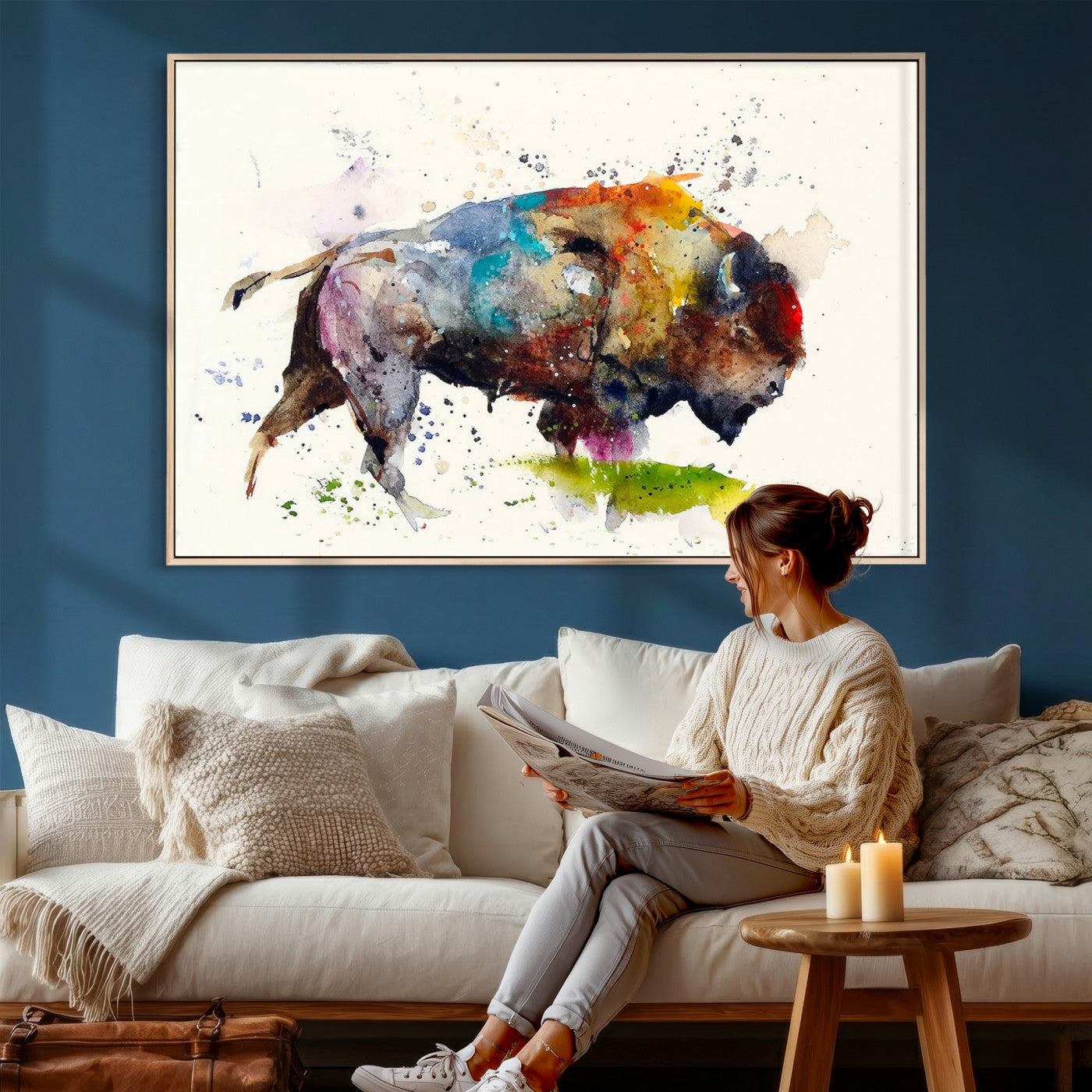 44504-MGV-CV-36X24 - Abstract Buffalo Wall Art, Western Watercolor Bison Canvas Print, Rustic Buffalo Art for Cowboy and