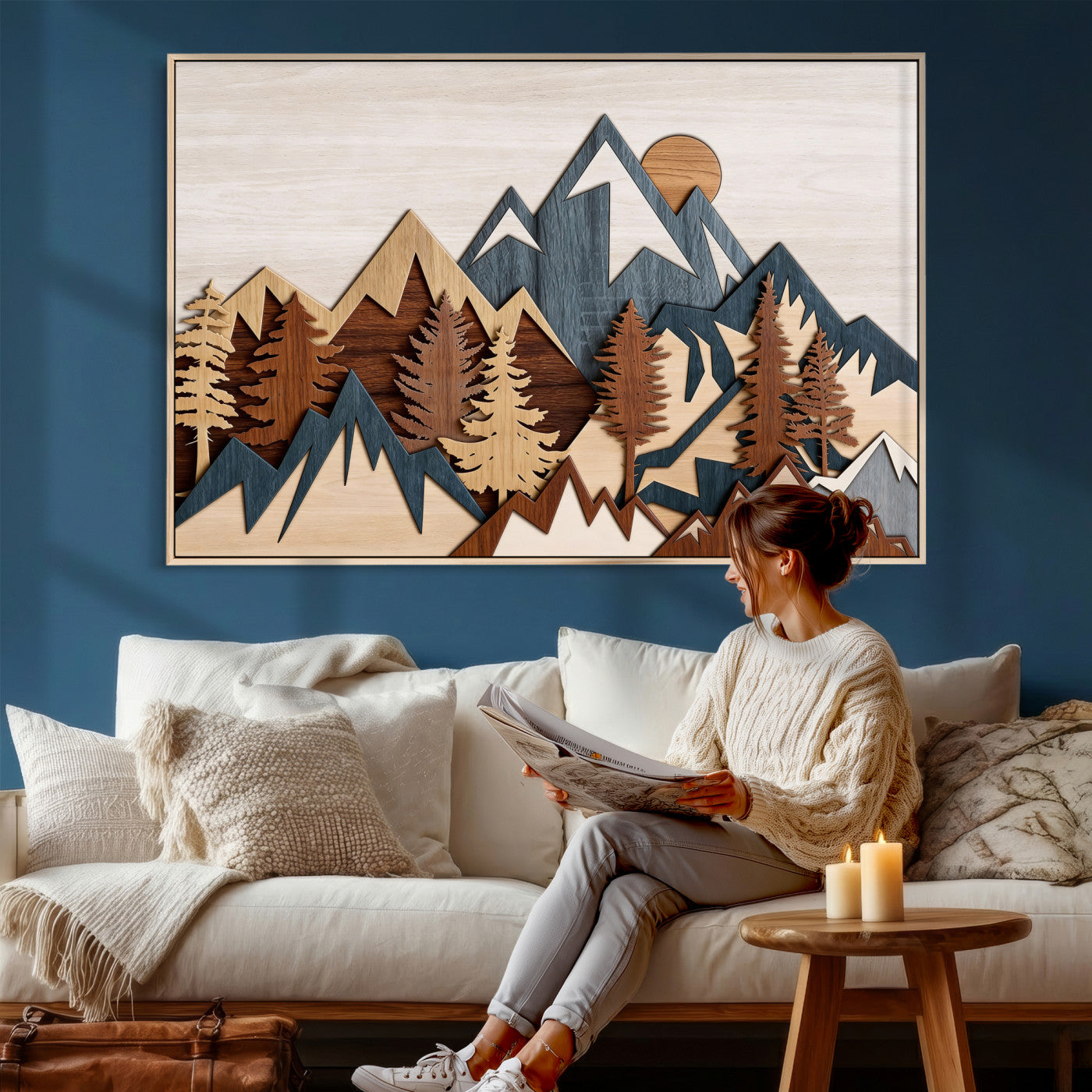 67950-MGV-CV-36X24 - Rustic Abstract Wood Panel Effect Canvas Mountain Range Top Wood Wall Art Canvas Print