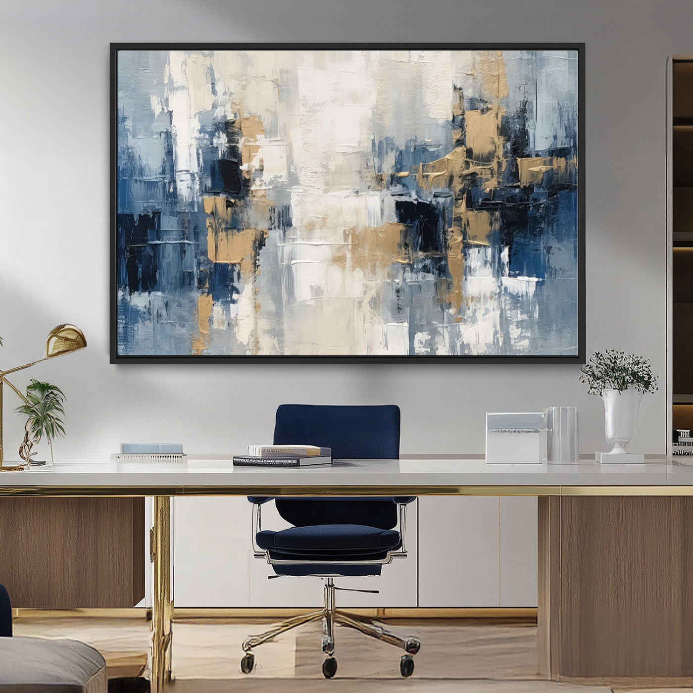 44344-MGV-FC-36X24_Black-Modern Abstract Canvas Wall Art in Blue and Gold Tones | Large Contemporary Art for Living Room,