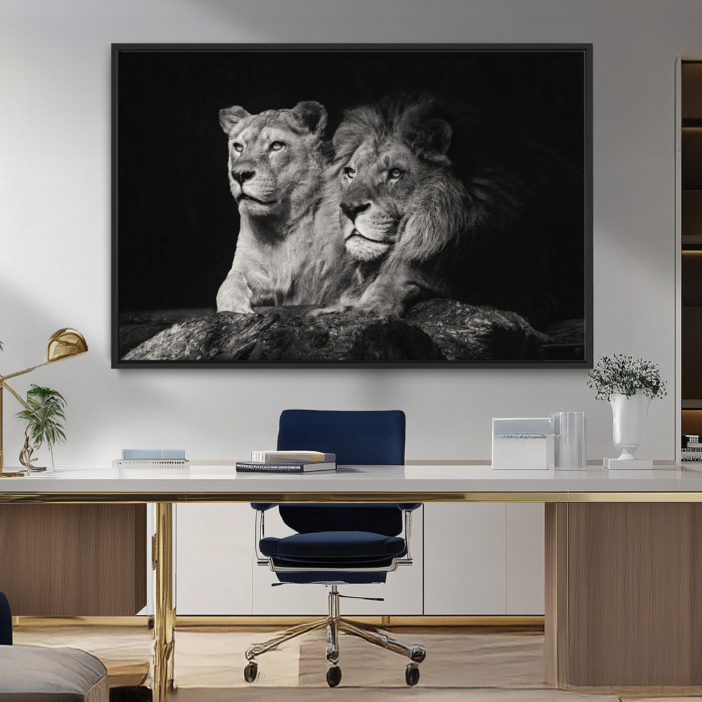 80013-MGV-FC-36X24_Black-Lion Couple Wall Art Canvas Print – Elegant Black and White Wildlife Portrait Lion Family Artwork for Home, Office