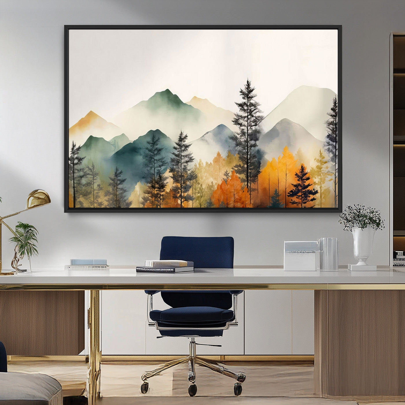 25689-MGV-FC-36X24_Black-Abstract Watercolor Mountains and Trees Autumn Wall Art, Mountains and Trees Autumn Wall Art Canvas