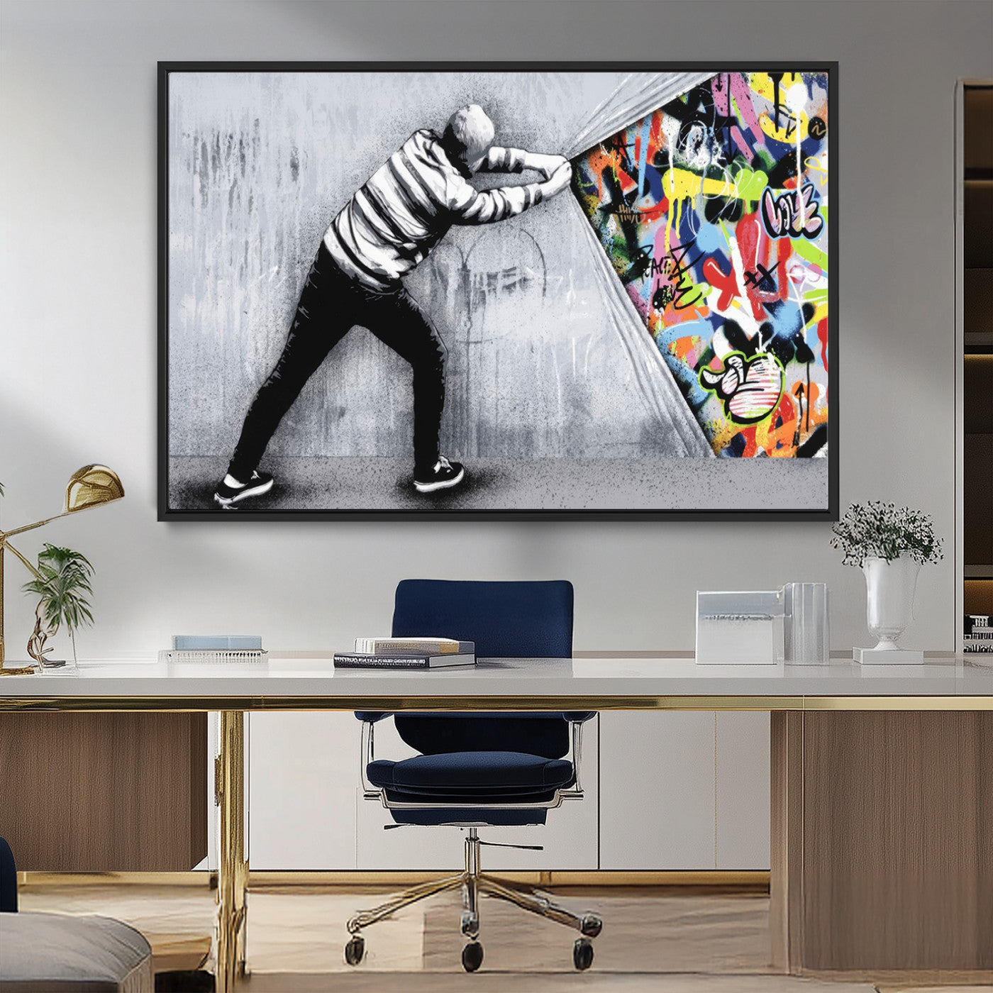52252-MGV-CV-36X24-Banksy Art Behind the Curtain Street Wall Art Canvas Print | 3-Panel Urban Graffiti-Inspired Wall