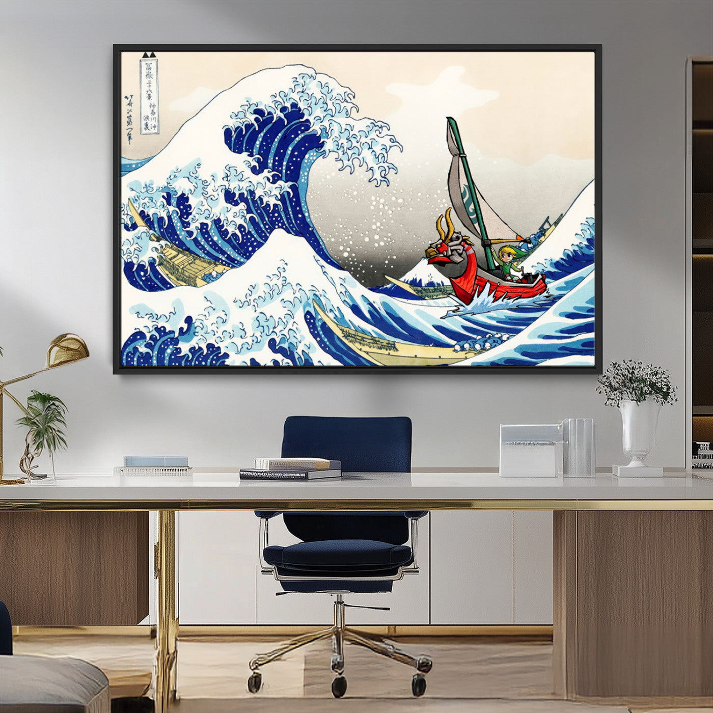 19450-MGV-FC-36X24_Black-Katsushika Hokusai Kanagawa Giant Wave Wall Art Canvas Print | Iconic Japanese Art for Living Room