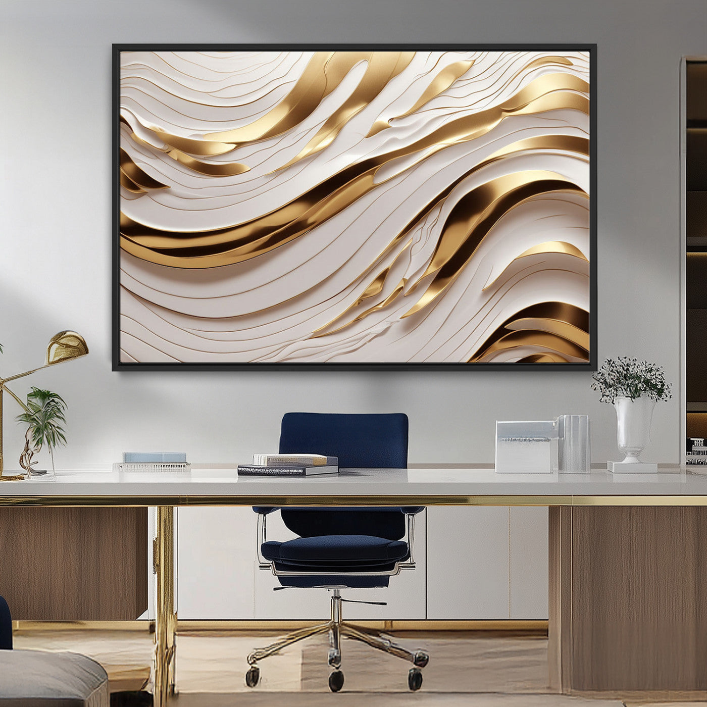 81197-MGV-CV-36X24-Gold and White Abstract Wave Canvas – Elegant Flowing Design with Luxurious Golden Accents –
