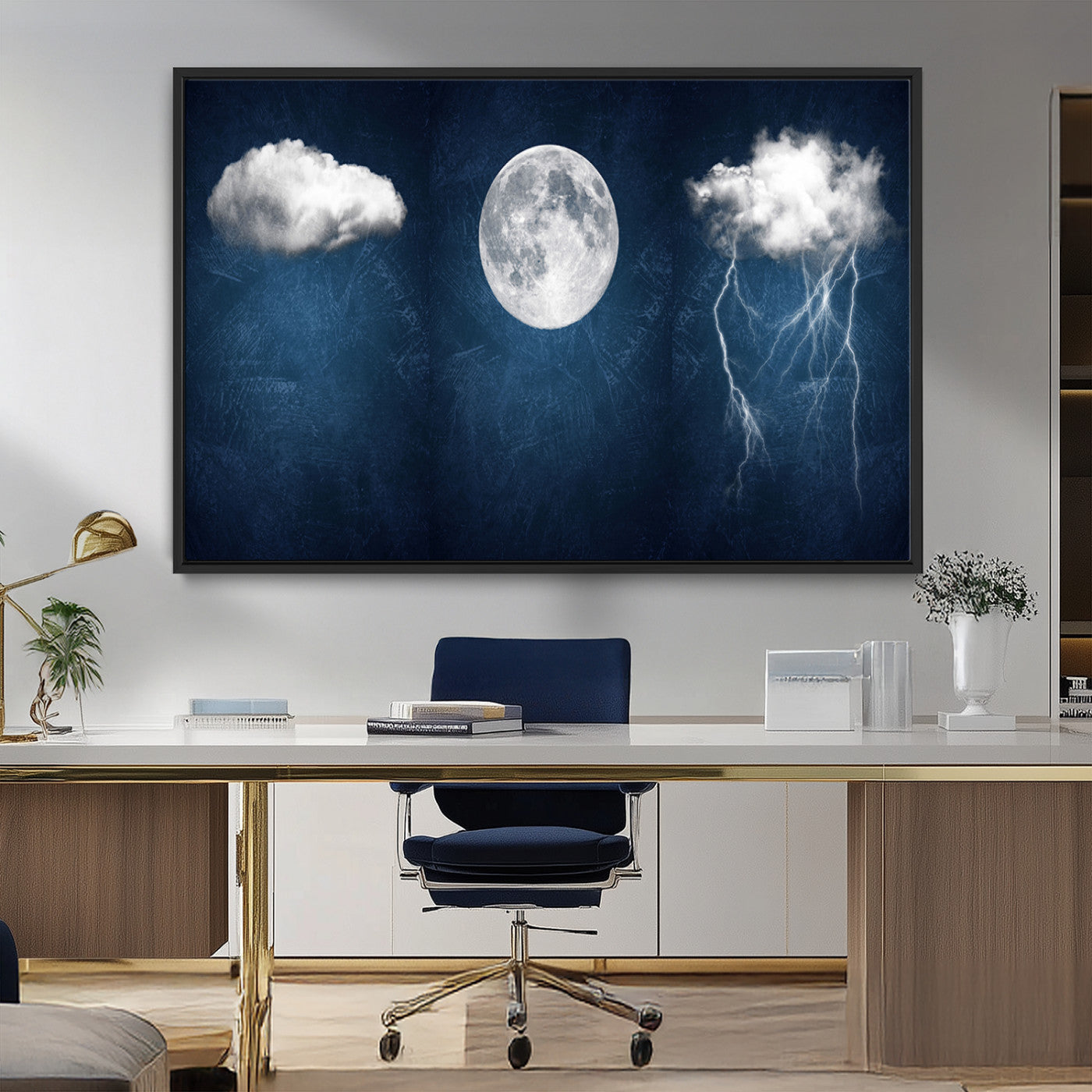 96569-MGV-CV-36X24-Dark Blue Cloud Art, 3 Piece Indigo Blue Wall Art, Aesthetic Surreal Art, Thunderstorm Moon Cloud