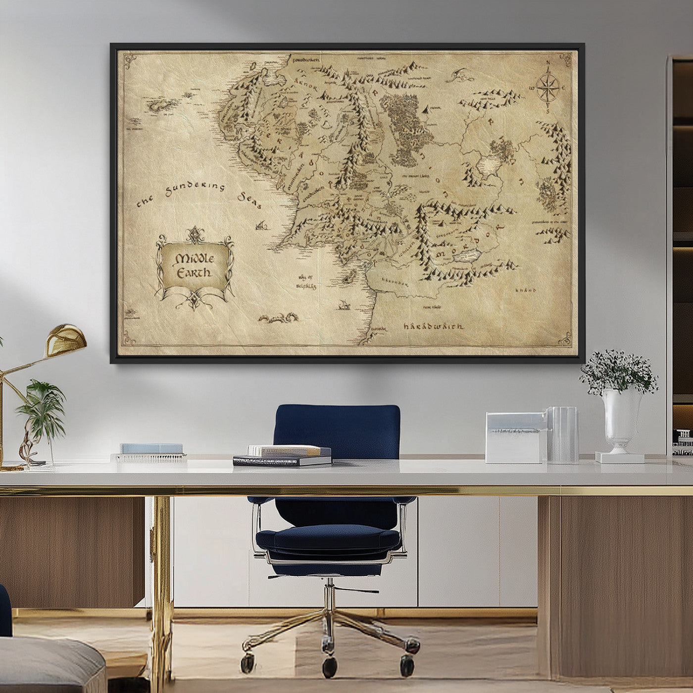 21784-MGV-FC-36X24_Black-Vintage Middle Earth Map Wall Art Canvas – Lord of the Rings Inspired Framed Map Print, Classic Fantasy Decor for Home, Office