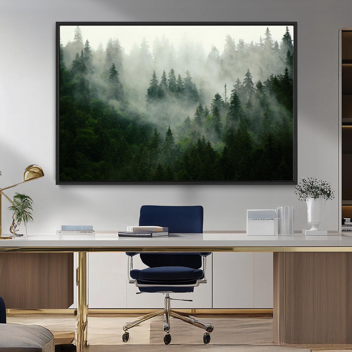 167720496-MGV-CV-36X24-Misty Forest Wall Art – Tranquil Green Woodland Canvas Print, Nature Landscape Decor for Living Room, Bedroom or Office