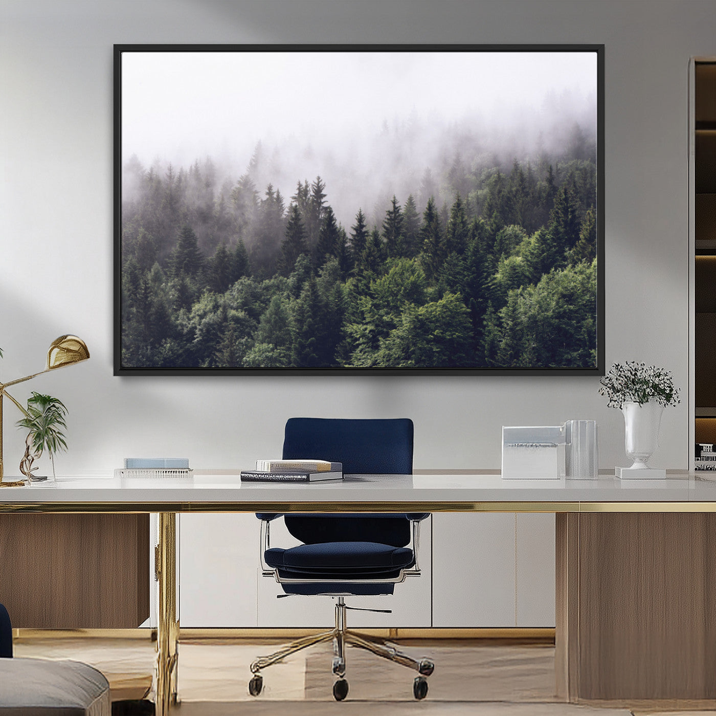 42578900-MGV-FC-36X24_Black-Misty Forest Wall Art | Foggy Forest Canvas Print | Large Nature-Inspired Misty Tree Landscape for