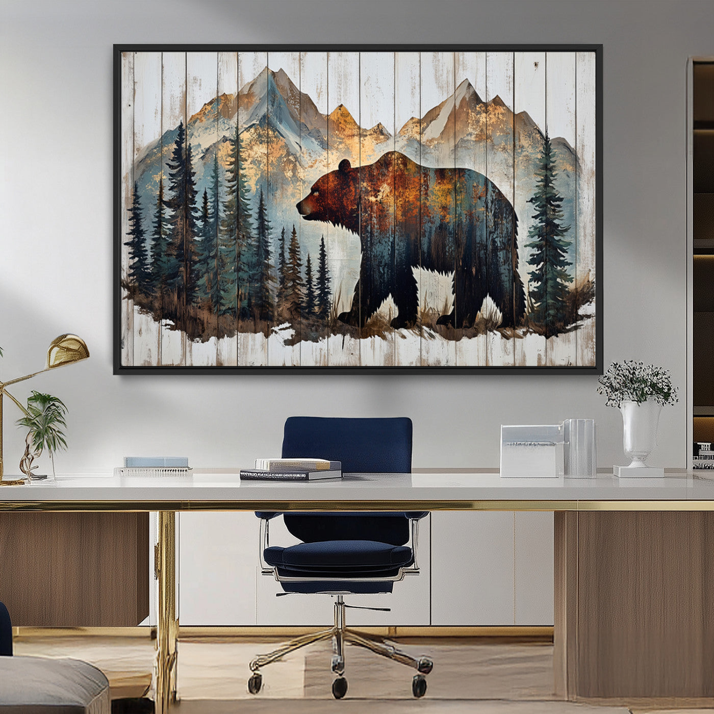 55777-MGV-FC-36X24_Black-Rustic Grizzly 399 Bear and Mountain Wood Canvas Wall Art - Framed Nature Artwork with Forest