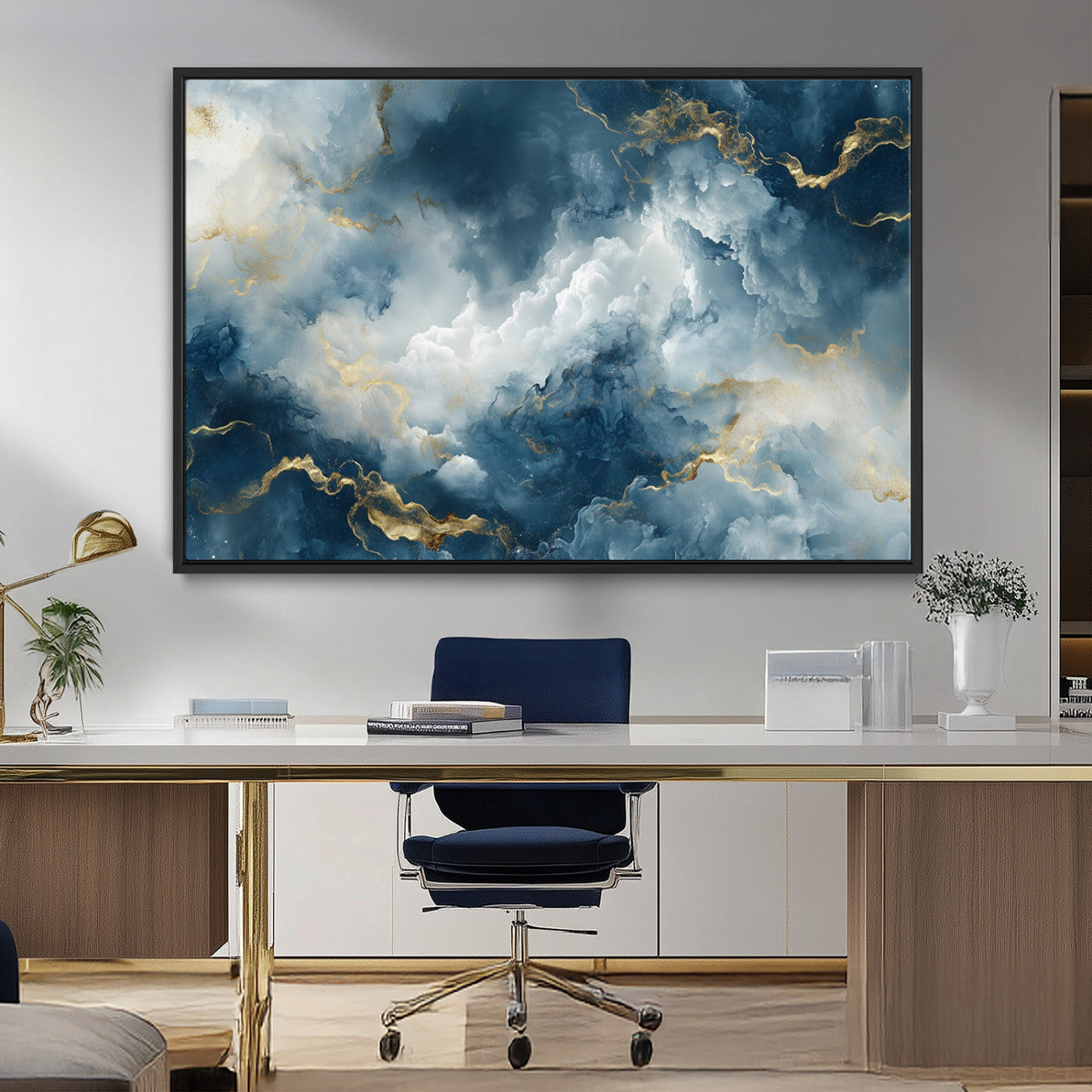 48298-MGV-CV-36X24-Large Abstract Print - Luxe Blue and Gold Abstract Canvas Wall Art - Bold Cloudscape Canvas for