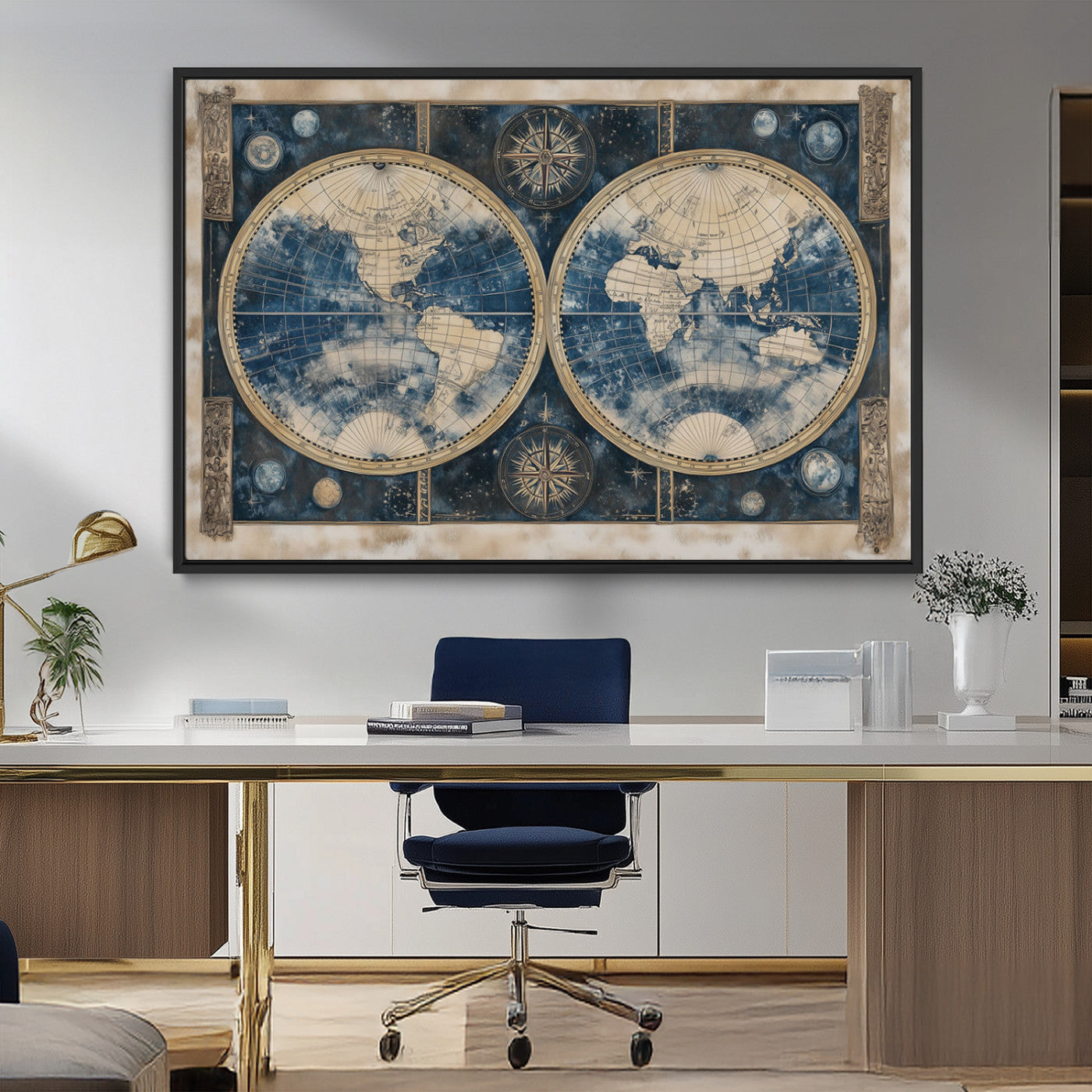 46473-MGV-FC-36X24_Black-Framed Vintage Blue World Map Canvas Print – Antique Double Hemisphere Wall Art for Home and Office Decor, Classic Explorer Map Artwork