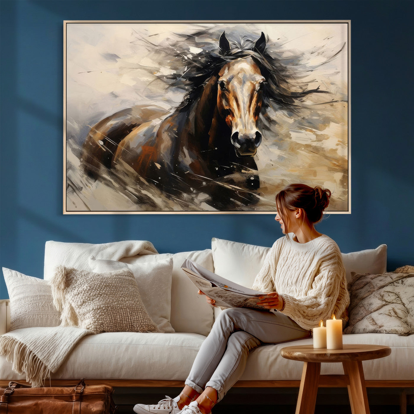 53001-MGV-CV-36X24 - Abstract Wall Art Horse Print - Large Western Horse Canvas - Farmhouse Woodland Wall Art - Framed