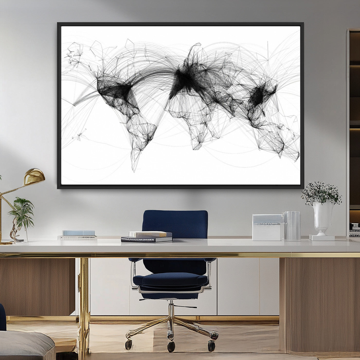 50136-MGV-FC-36X24_Black-Abstract World Map Wall Art – Framed Geometric Line Canvas Artwork, Modern Global Design, Contemporary Decor for Home, Office