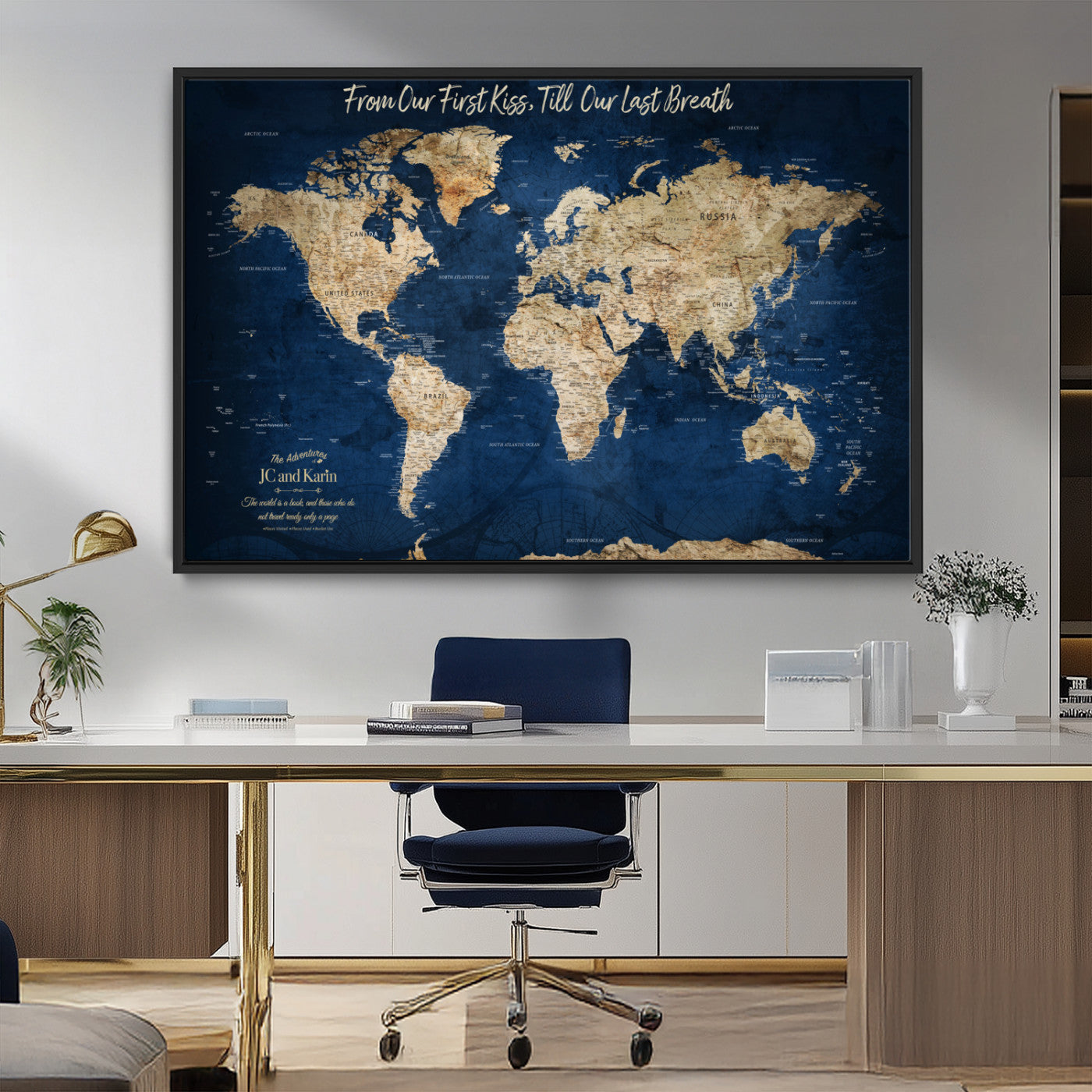 56122A-MGV-FC-36X24_Black-Personalized Push Pin World Map Canvas Print – Custom Couple Travel Tracker Wall Art, Framed Anniversary Gift for Home Decor