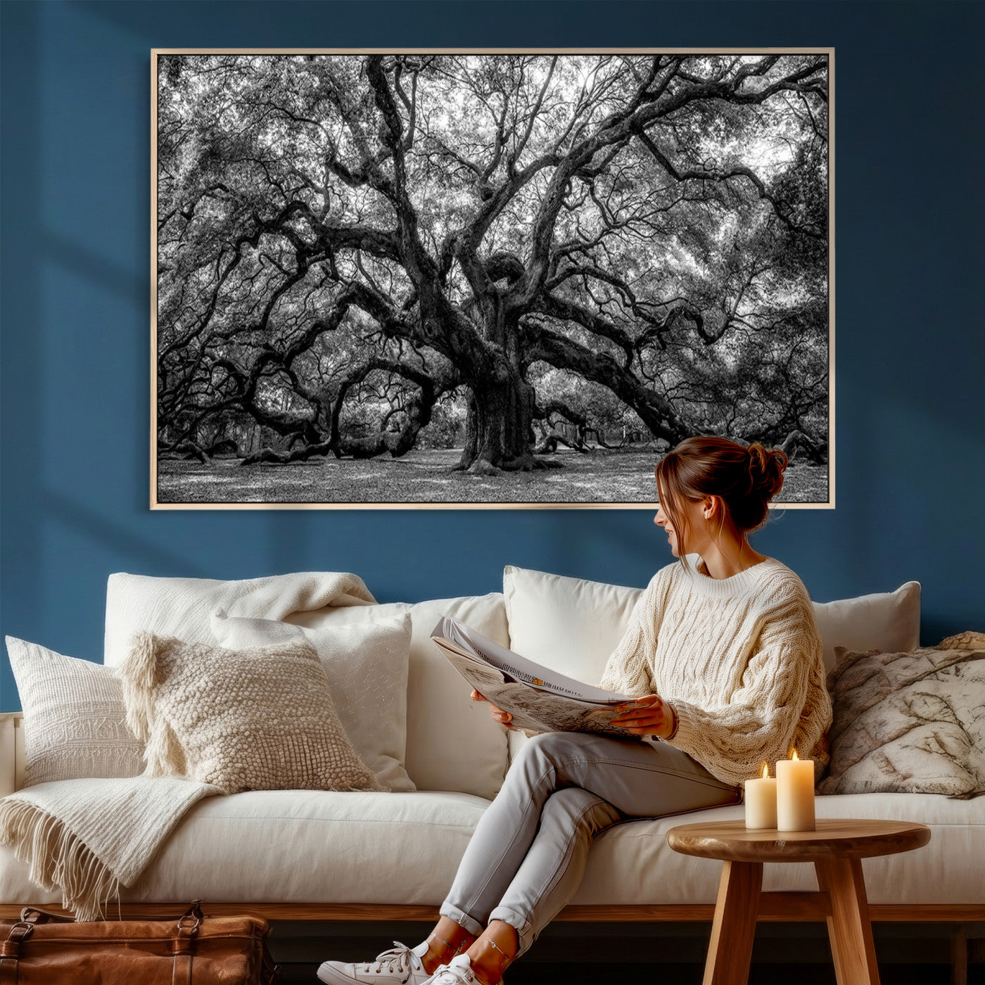 132944706-MGV-CV-36X24 - Black and White Old Angel Oak Tree Wall Art Canvas Print