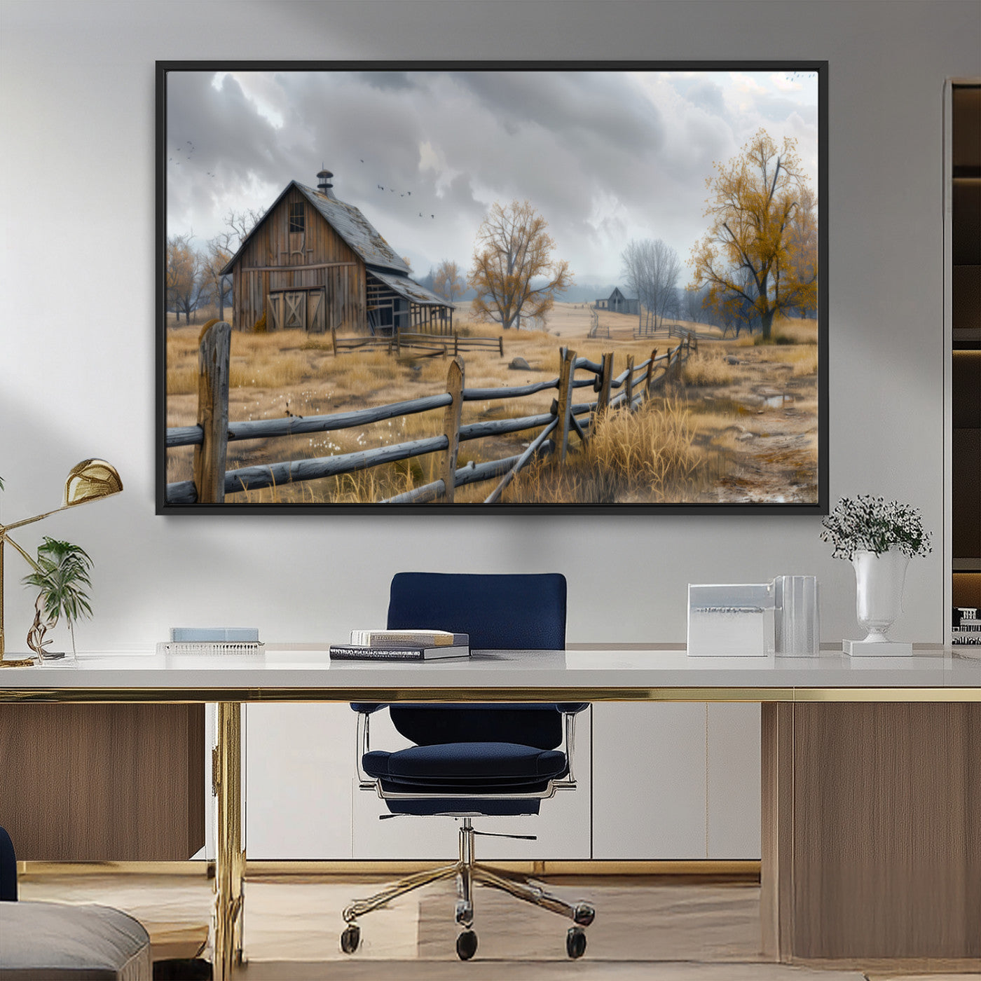 Farm1-MGV-CV-36X24-Rustic Autumn Farmhouse Wall Art Canvas Print – Serene Countryside Scene with Weathered Barn and