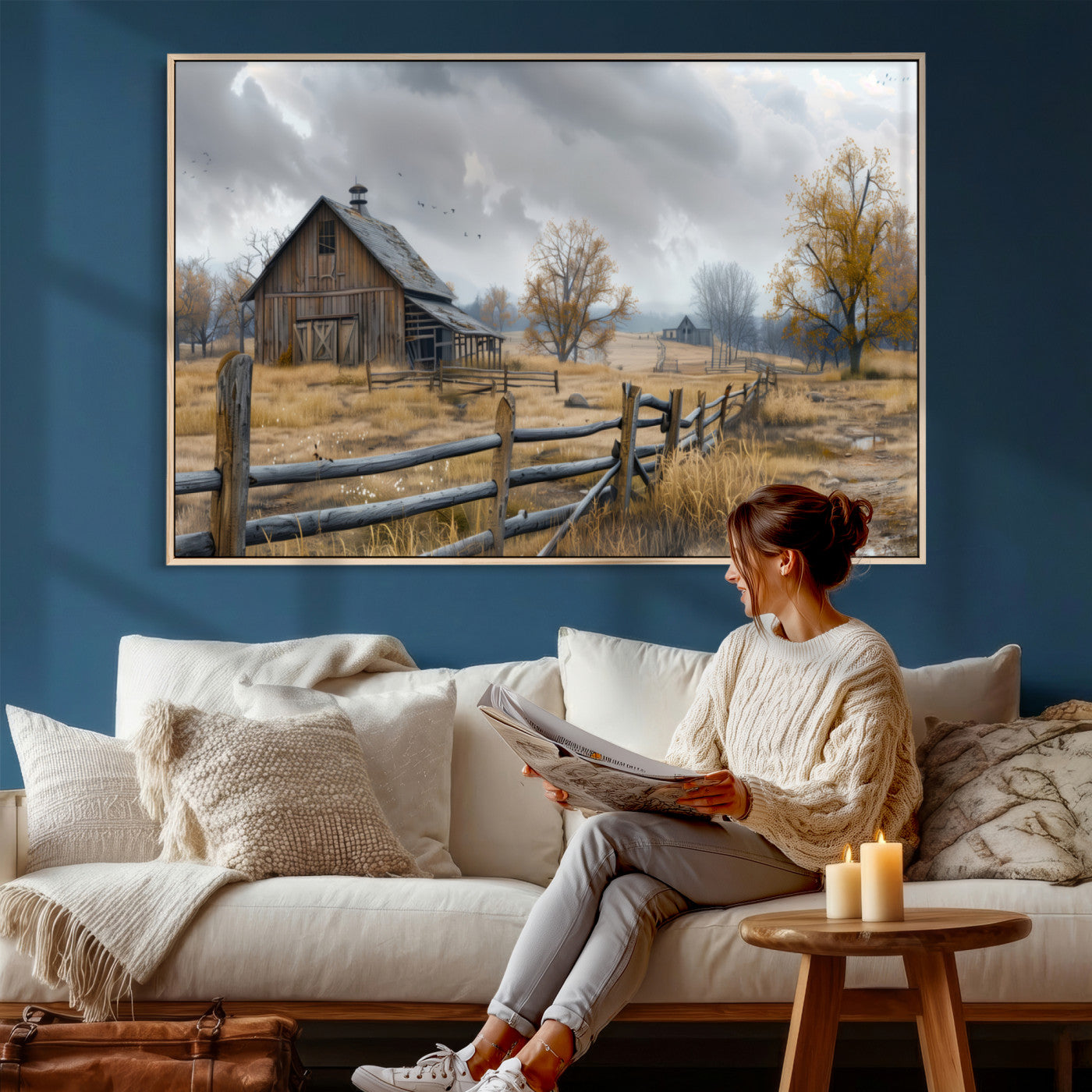 Farm1-MGV-CV-36X24 - Rustic Autumn Farmhouse Wall Art Canvas Print – Serene Countryside Scene with Weathered Barn and