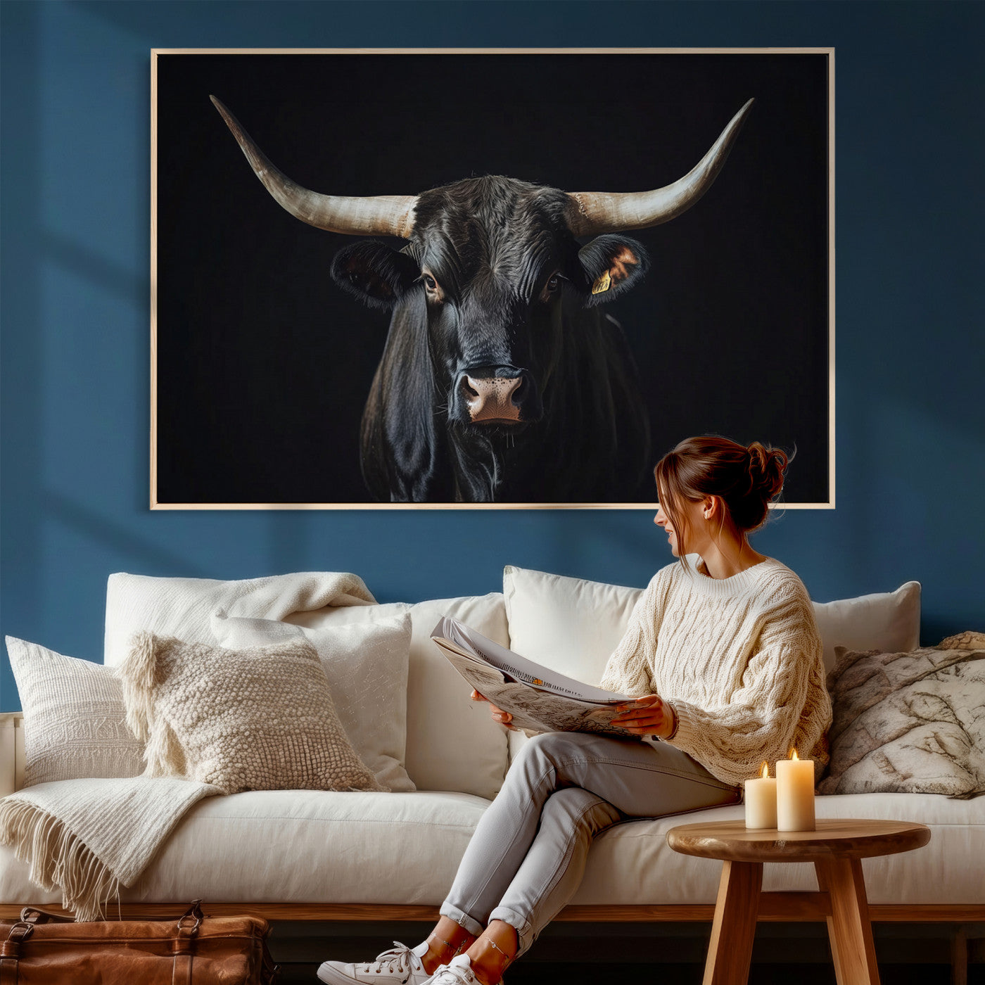 48065167-MGV-CV-36X24 - Texas Longhorn Bull Wall Art Canvas Print – Western Black Bull Art Print for Farmhouse Ranch Decor