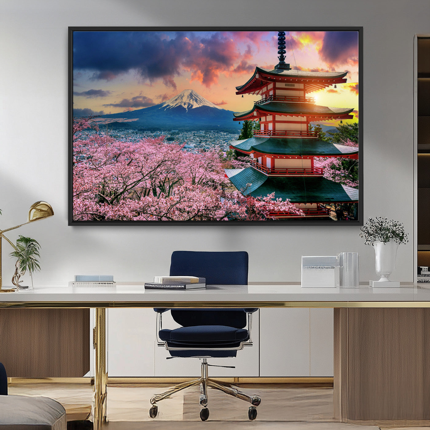 32331262-MGV-FC-36X24_Black-Mount Fuji & Cherry Blossom Wall Art Canvas Print – Iconic Japanese Landscape, Sakura Pagoda Sunset,