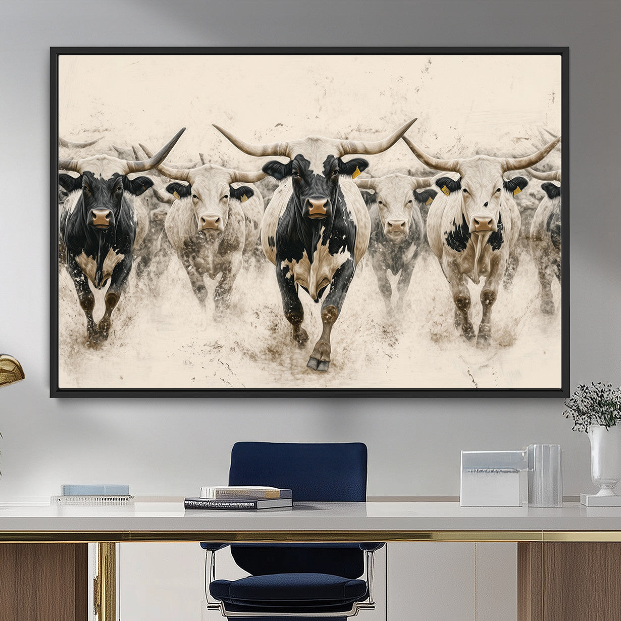 MGV-FC-36X24 - Cream Dust Longhorn Wall Art – Canvas Print of Western Herd Stampede, Dynamic Charge, Rustic Prairie Motion, Bold Nature Farm Decor