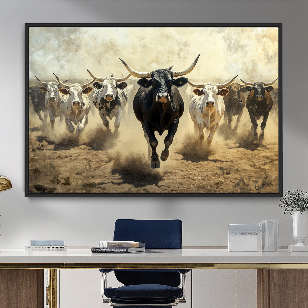 MGV-FC-36X24 - Running Cattle Wall Art – Canvas Print of Western Herd, Dust Stampede, Longhorns, Wild West Ranch, Bold Rustic Farm Decor for Home or Office