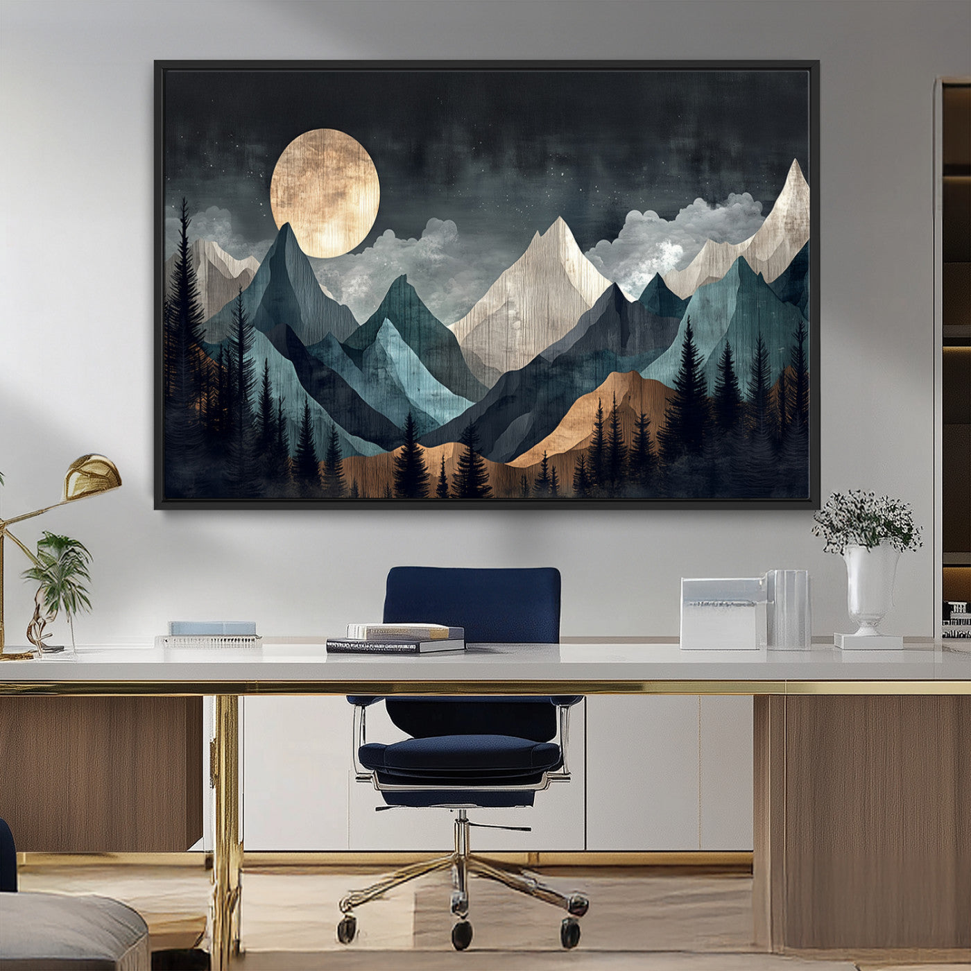 11060882-MGV-CV-36X24-Moonlit Mountain Wall Art Canvas Print – Silhouetted Pines Layered Peaks Tranquil Sky Mist Silver Light Nature Artwork for Home