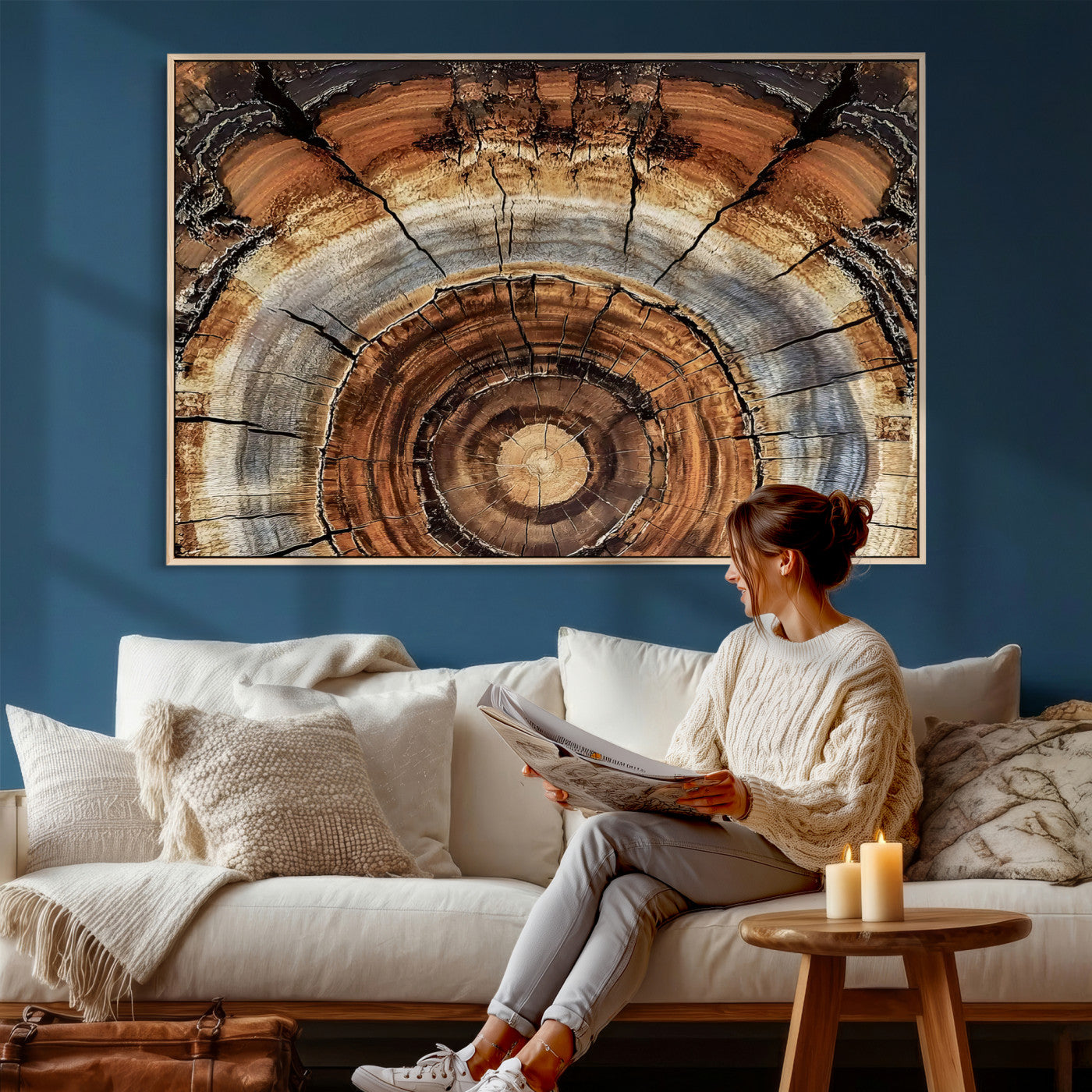 15184146-MGV-CV-36X24 - Tree Rings Wall Art Canvas Print, Framed Wood Texture Art Picture Print, Rustic Pattern Perfect Rustic Organic Decor Artwork